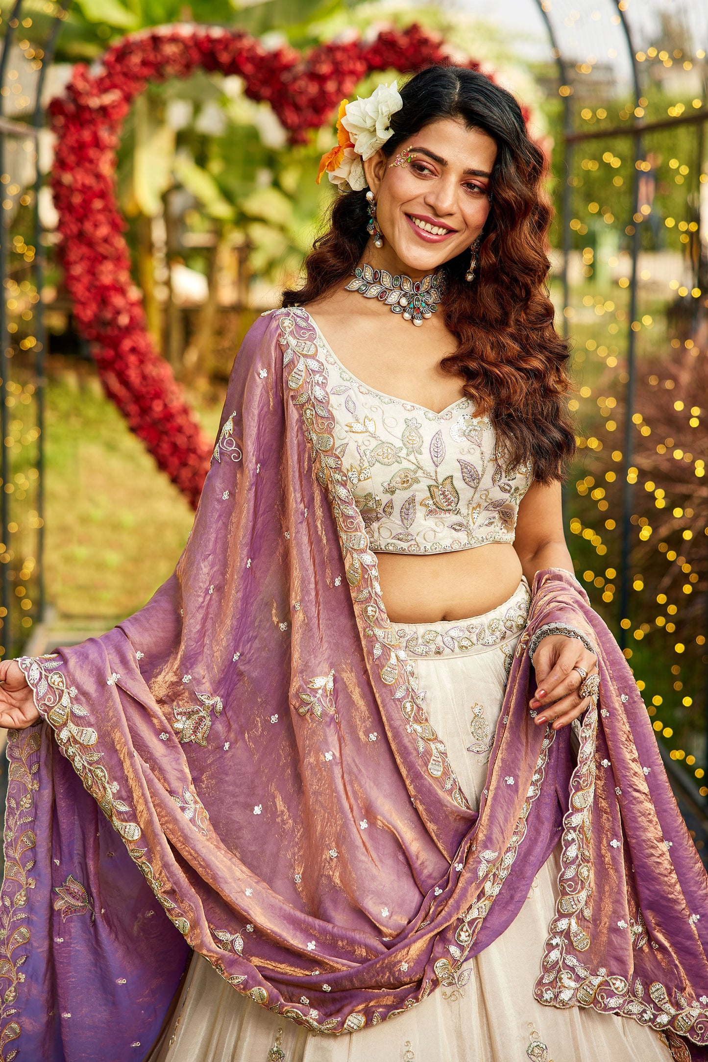 Purple colour tissue Fabric with Sequins & Thread embroidery Lehenga choli & Dupatta