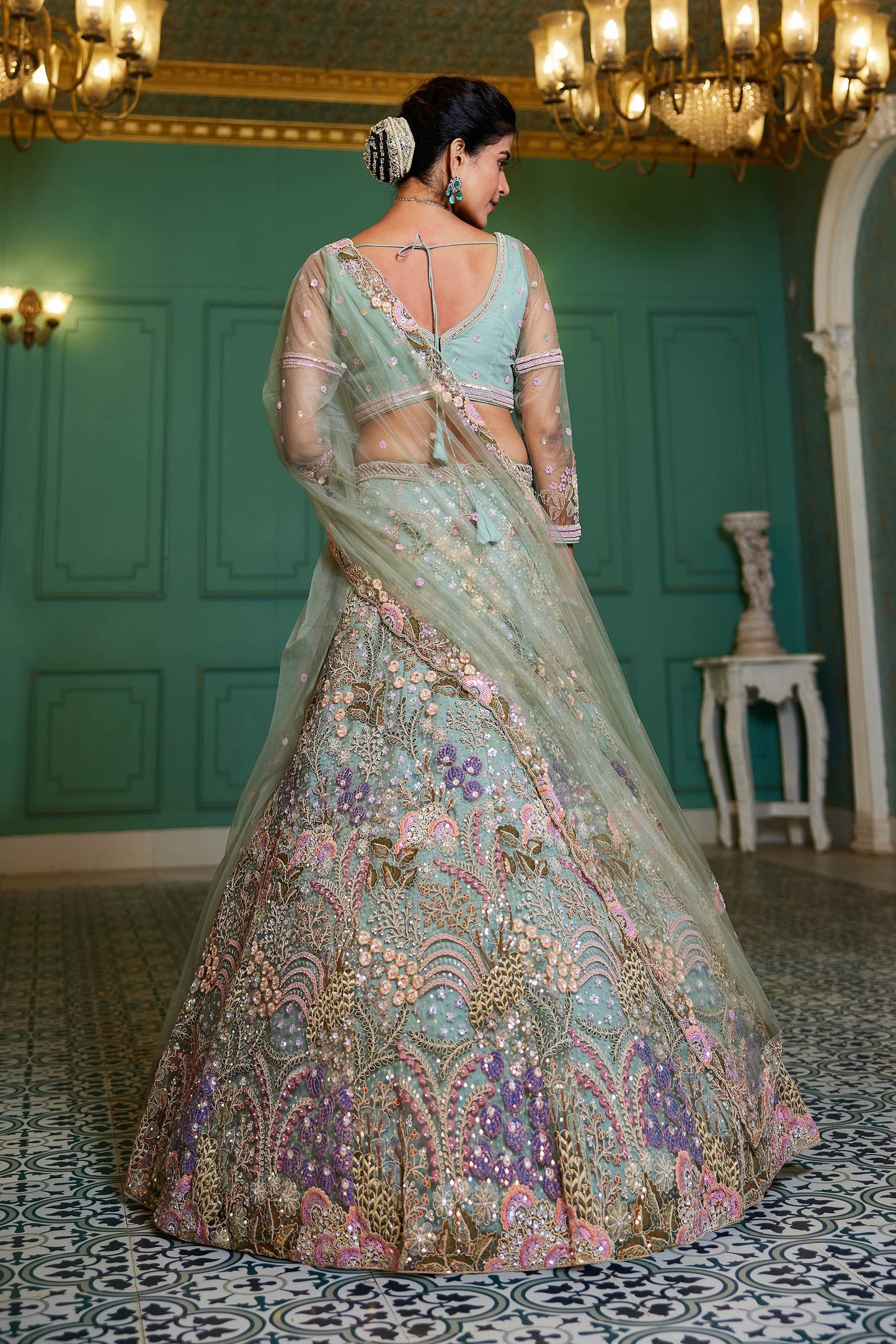 Lime Green net with Coding & Zarkan embroidery Lehenga choli & Dupatta