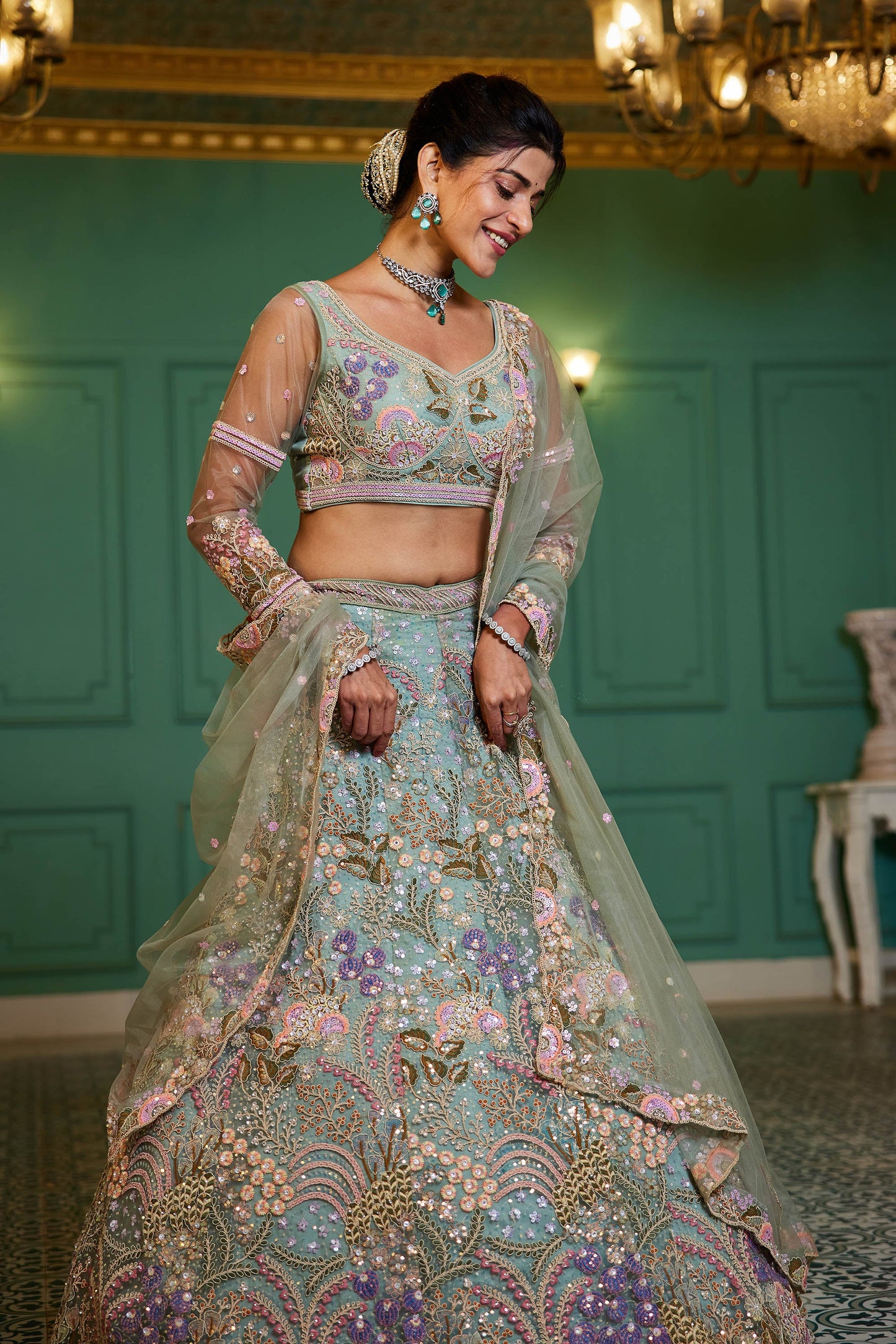 Lime Green net with Coding & Zarkan embroidery Lehenga choli & Dupatta