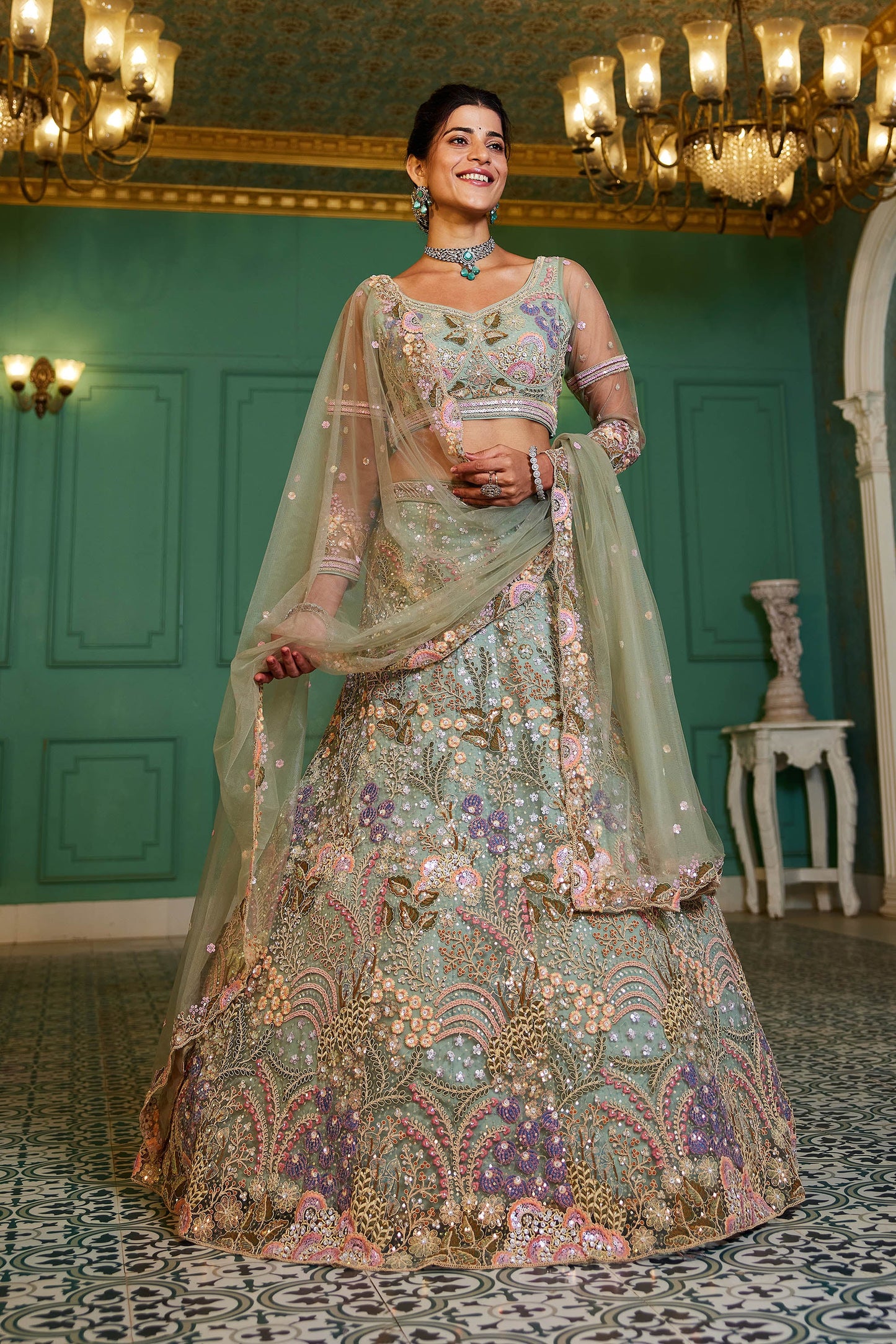 Lime Green net with Coding & Zarkan embroidery Lehenga choli & Dupatta