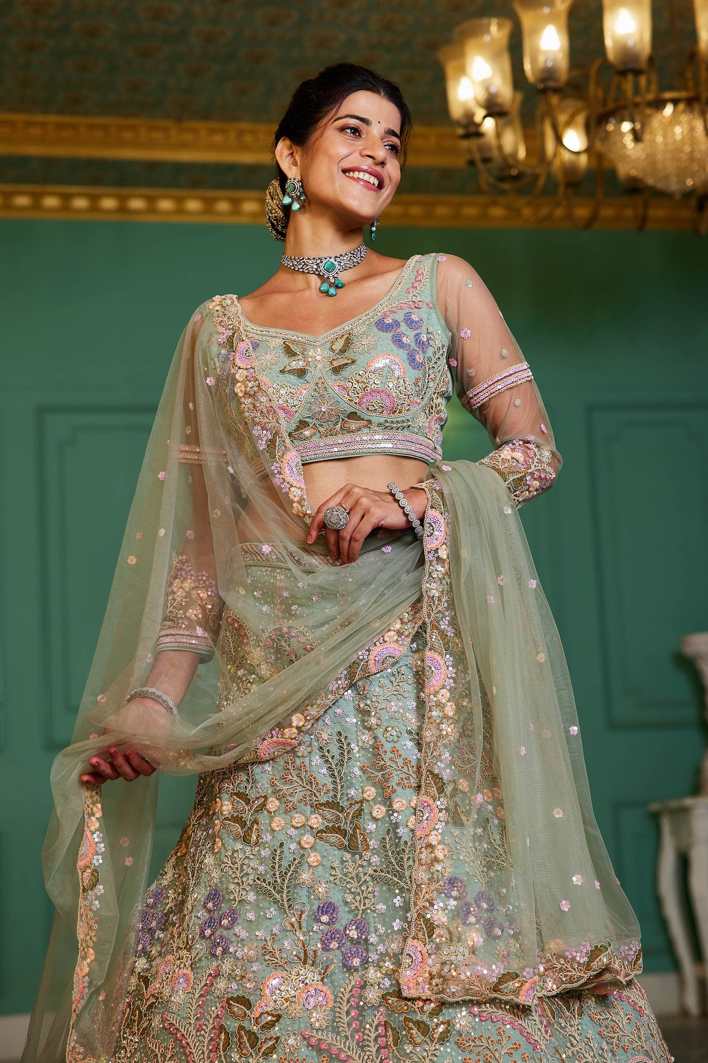 Lime Green net with Coding & Zarkan embroidery Lehenga choli & Dupatta