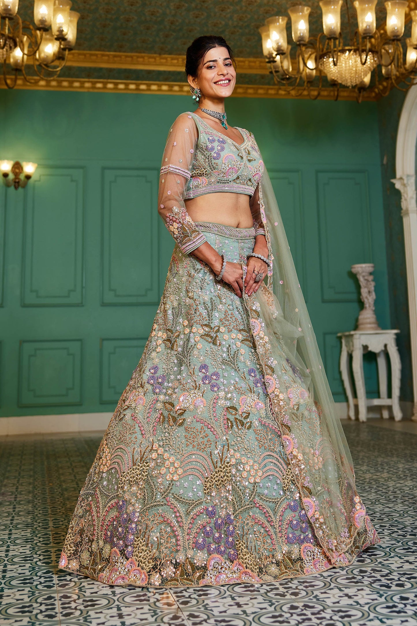 Lime Green net with Coding & Zarkan embroidery Lehenga choli & Dupatta