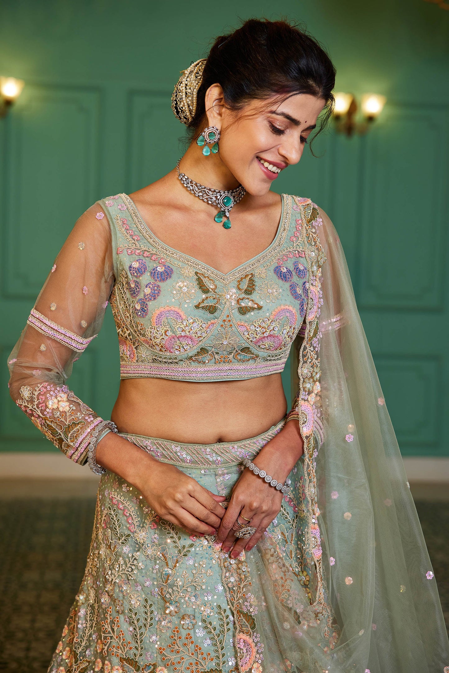 Lime Green net with Coding & Zarkan embroidery Lehenga choli & Dupatta