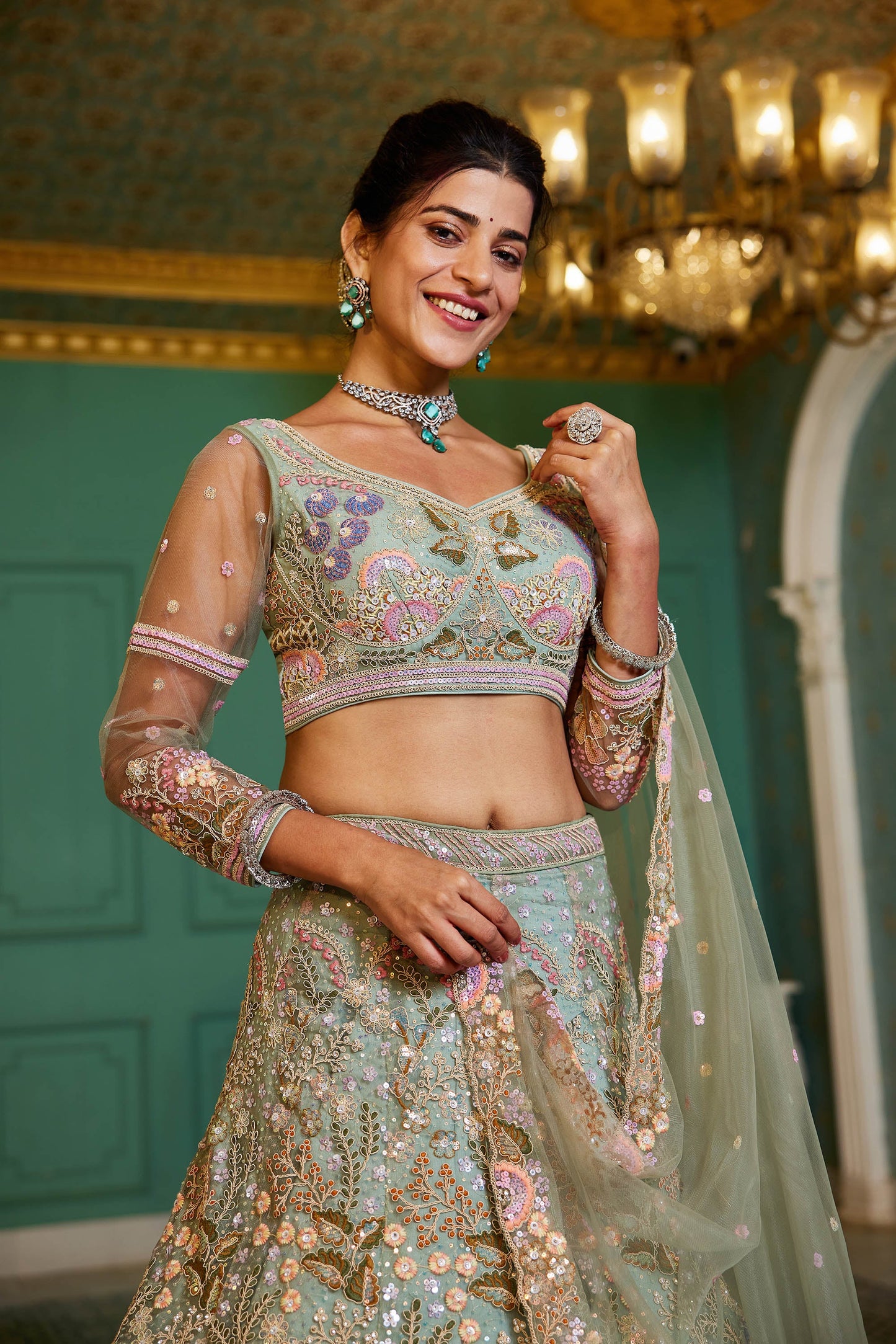 Lime Green net with Coding & Zarkan embroidery Lehenga choli & Dupatta