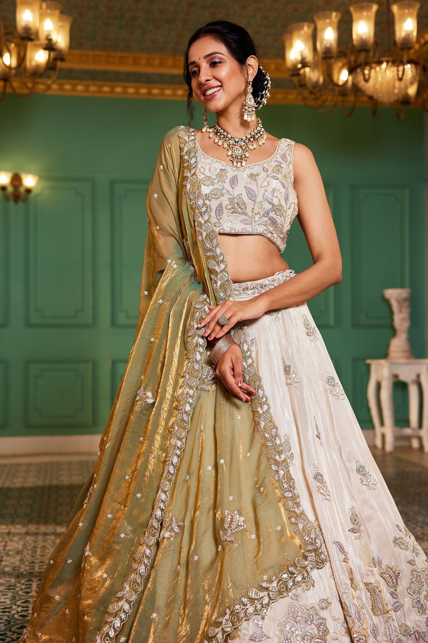 Green colour tissue Fabric with Sequins & Thread embroidery Lehenga choli & Dupatta