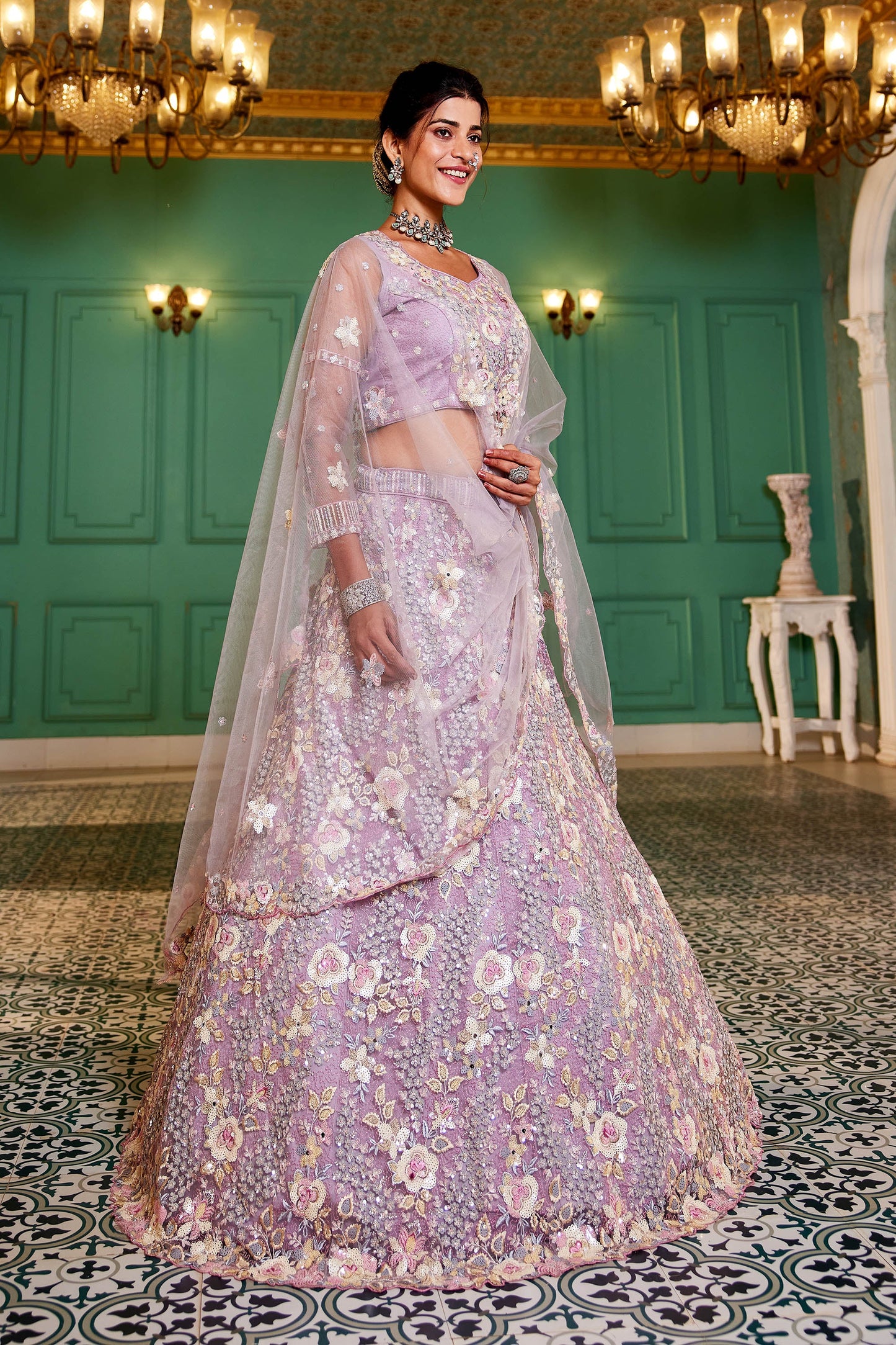 Mauve net with Sequinse & Zarkan embroidery Lehenga choli & Dupatta