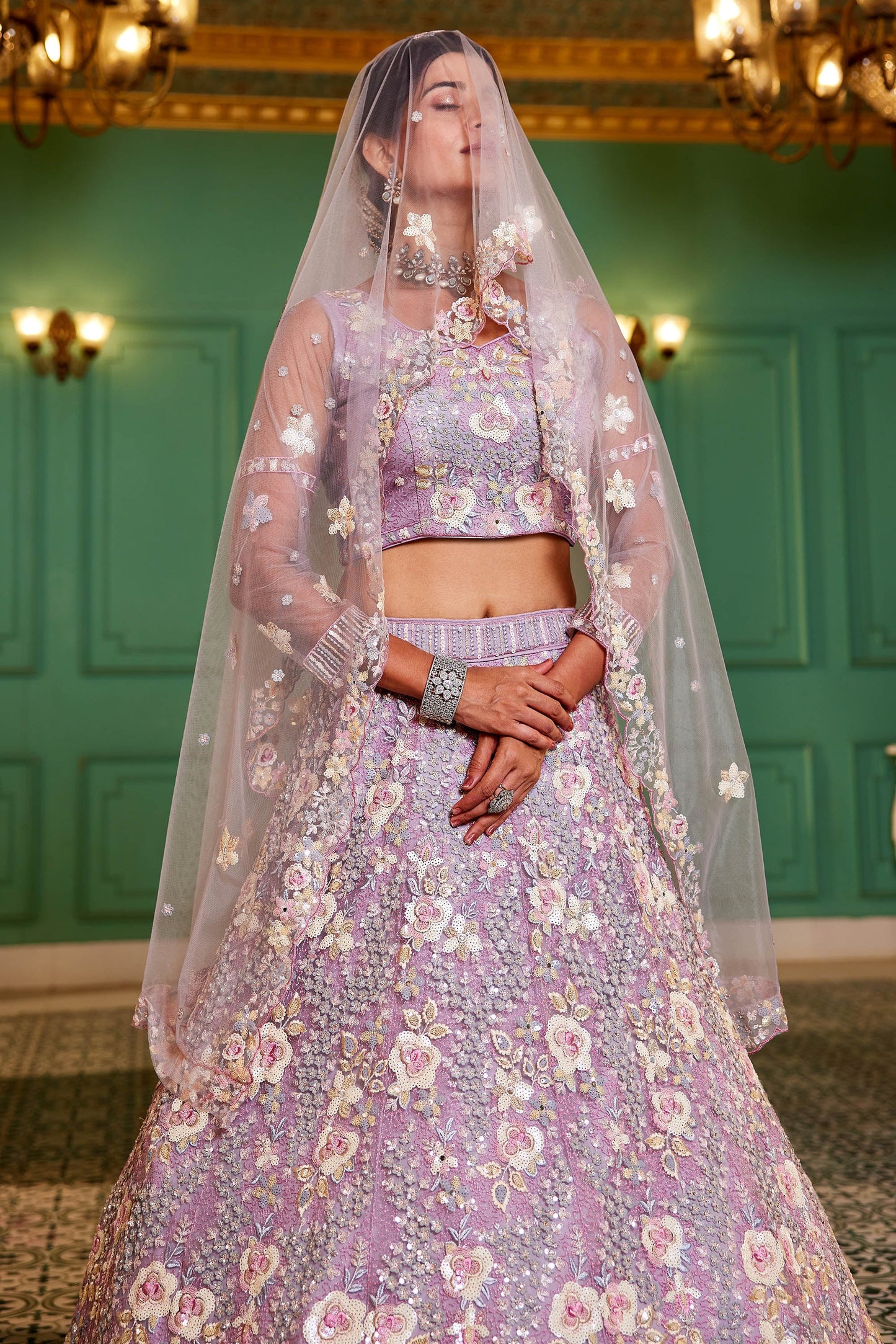 Mauve net with Sequinse & Zarkan embroidery Lehenga choli & Dupatta