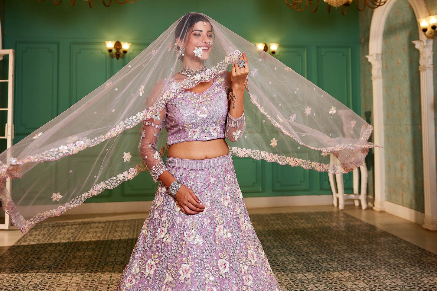 Mauve net with Sequinse & Zarkan embroidery Lehenga choli & Dupatta