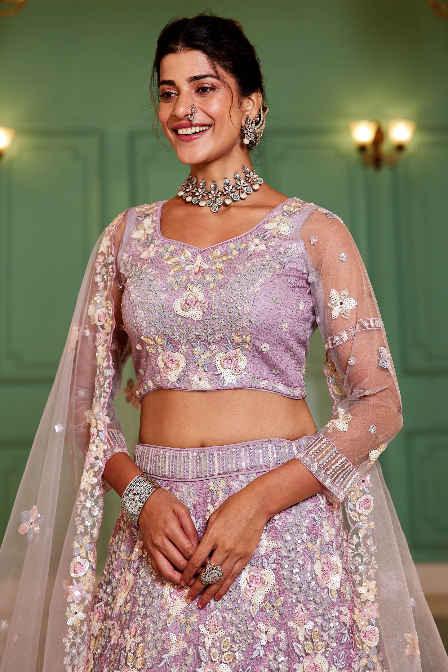 Mauve net with Sequinse & Zarkan embroidery Lehenga choli & Dupatta