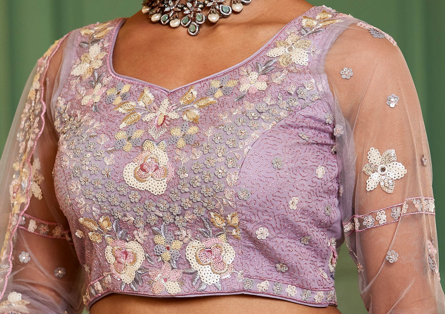 Mauve net with Sequinse & Zarkan embroidery Lehenga choli & Dupatta