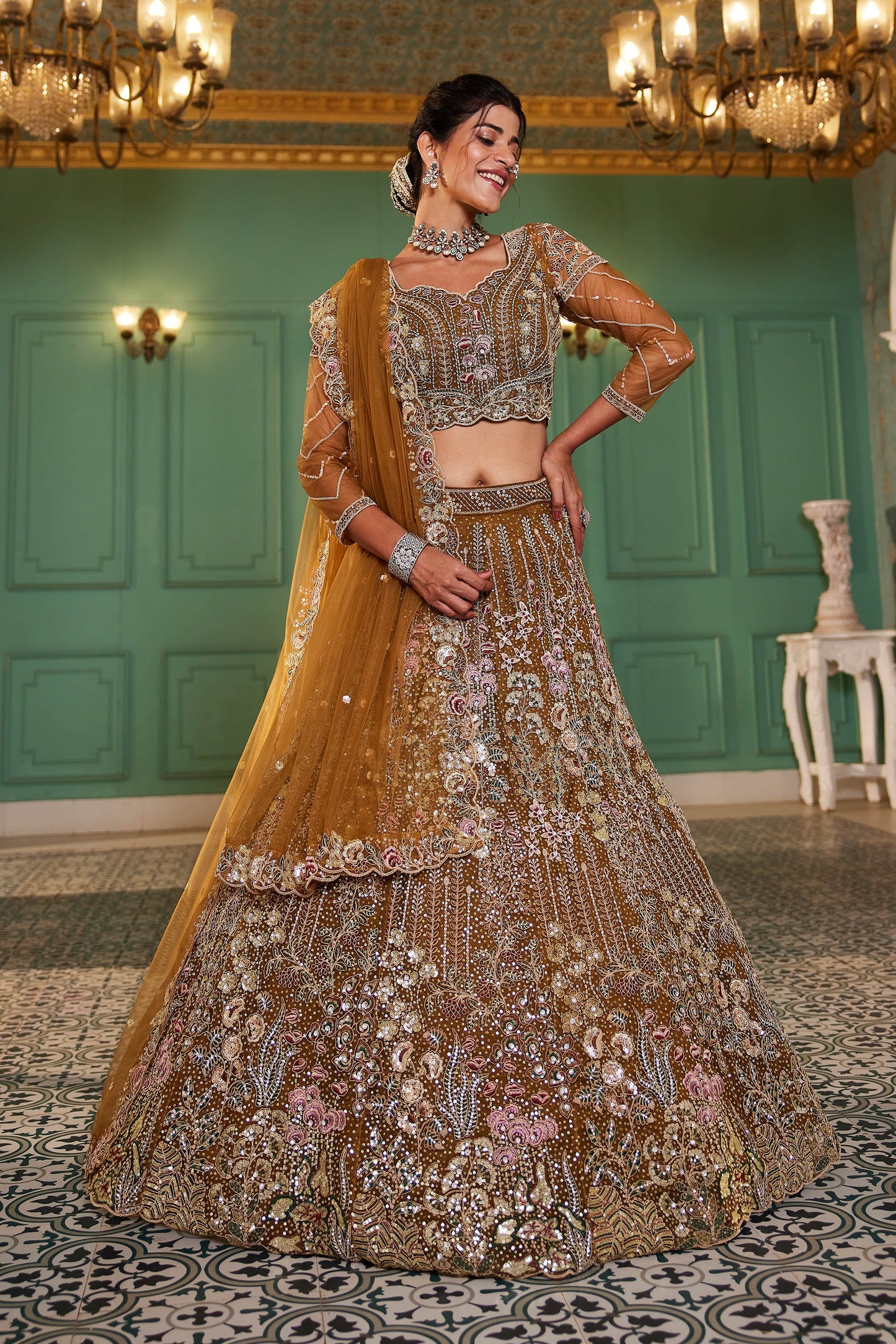 Mustard net and Coding & Zarkan embroidery Lehenga choli & Dupatta