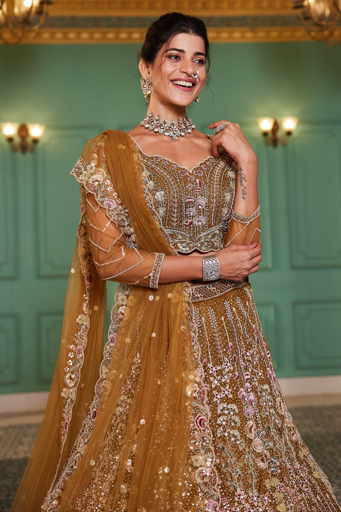 Mustard net and Coding & Zarkan embroidery Lehenga choli & Dupatta