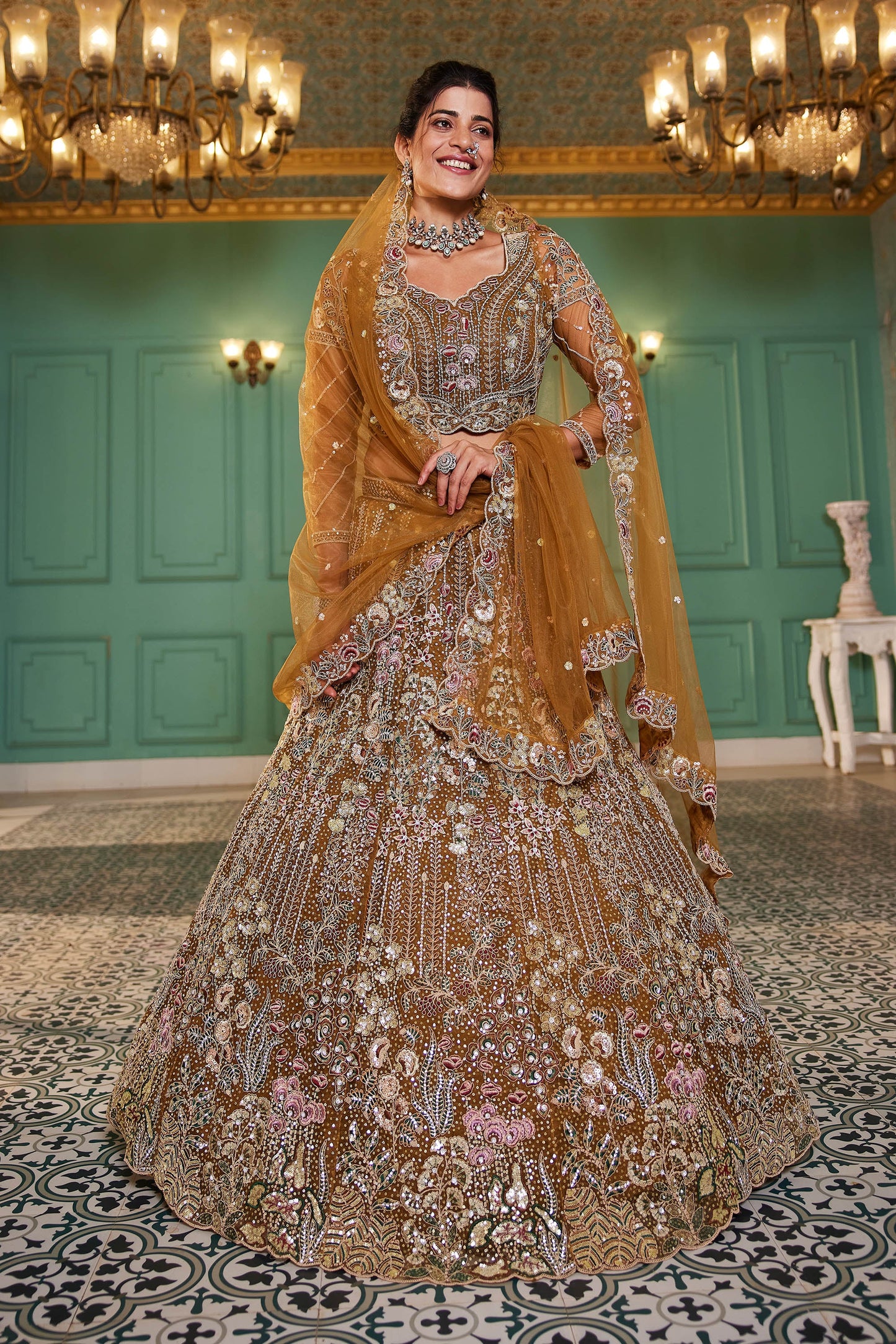 Mustard net and Coding & Zarkan embroidery Lehenga choli & Dupatta