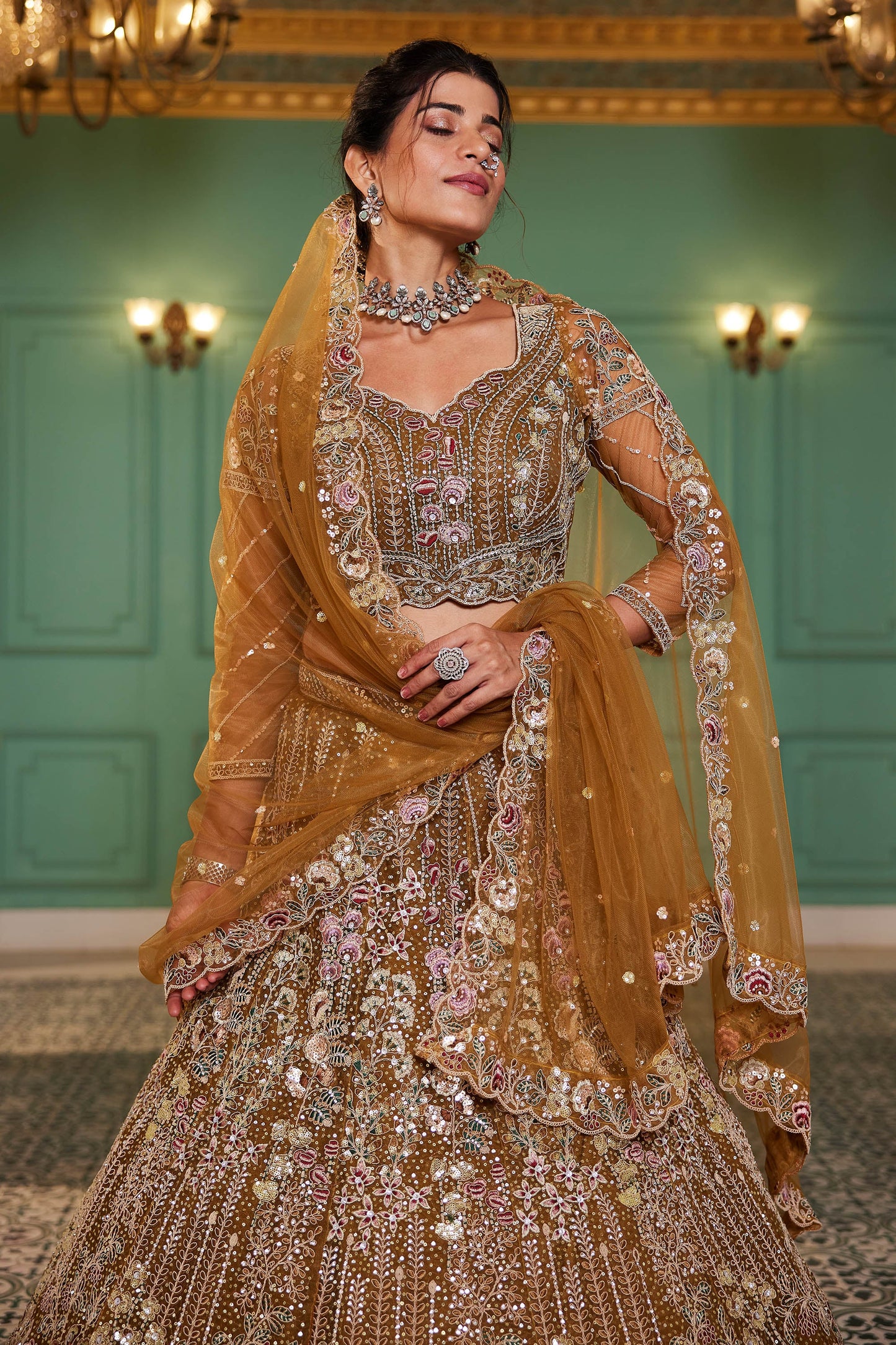 Mustard net and Coding & Zarkan embroidery Lehenga choli & Dupatta