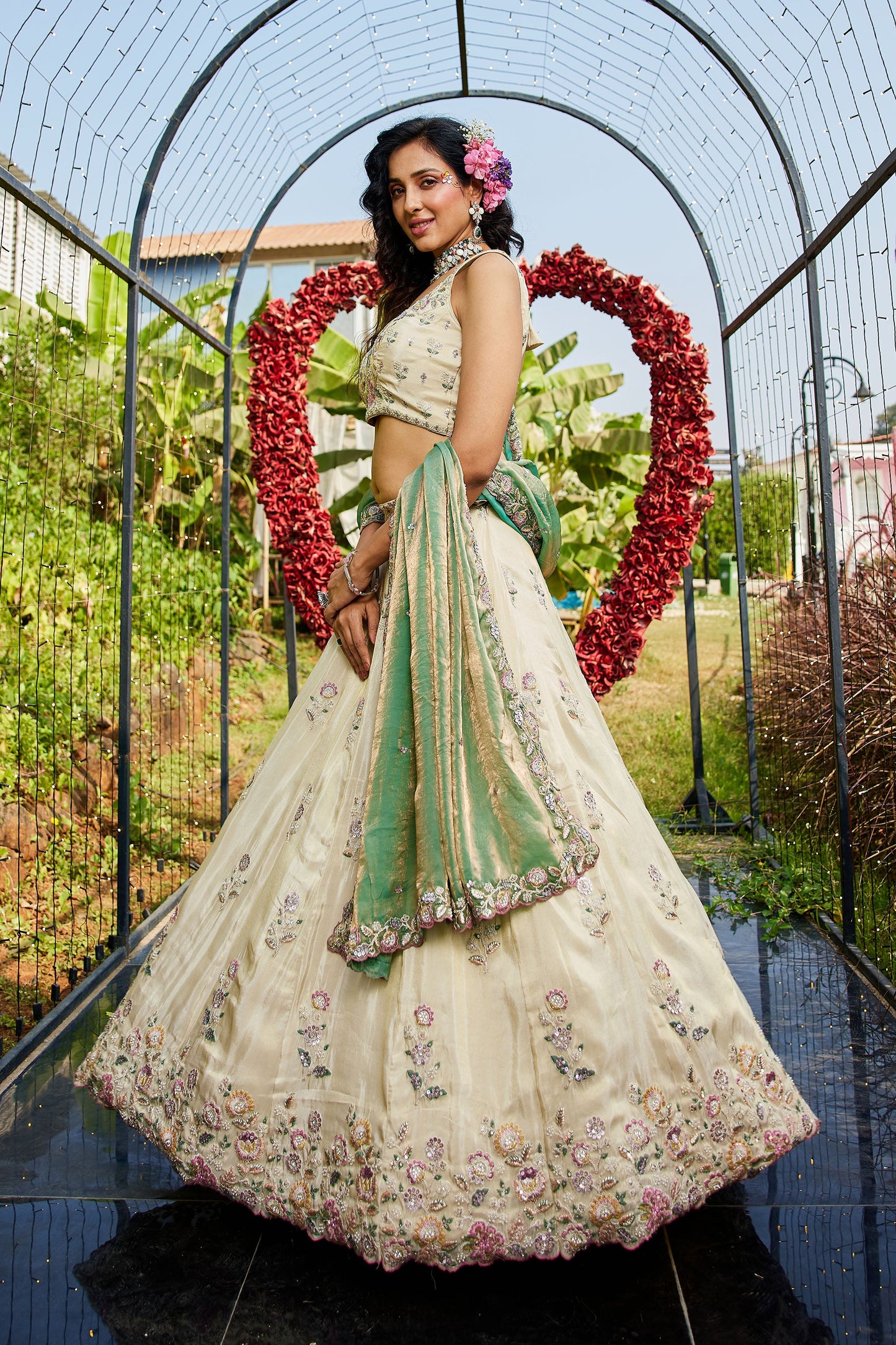 Green colour tissue Fabric with Sequins & Thread embroidery Lehenga choli & Dupatta