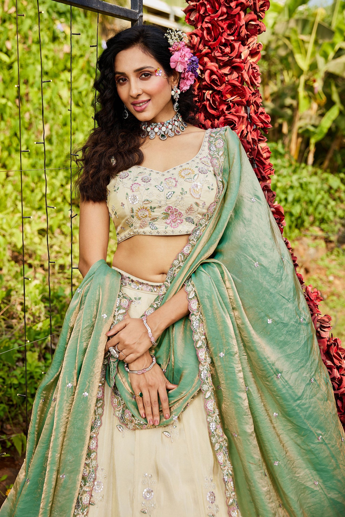 Green colour tissue Fabric with Sequins & Thread embroidery Lehenga choli & Dupatta