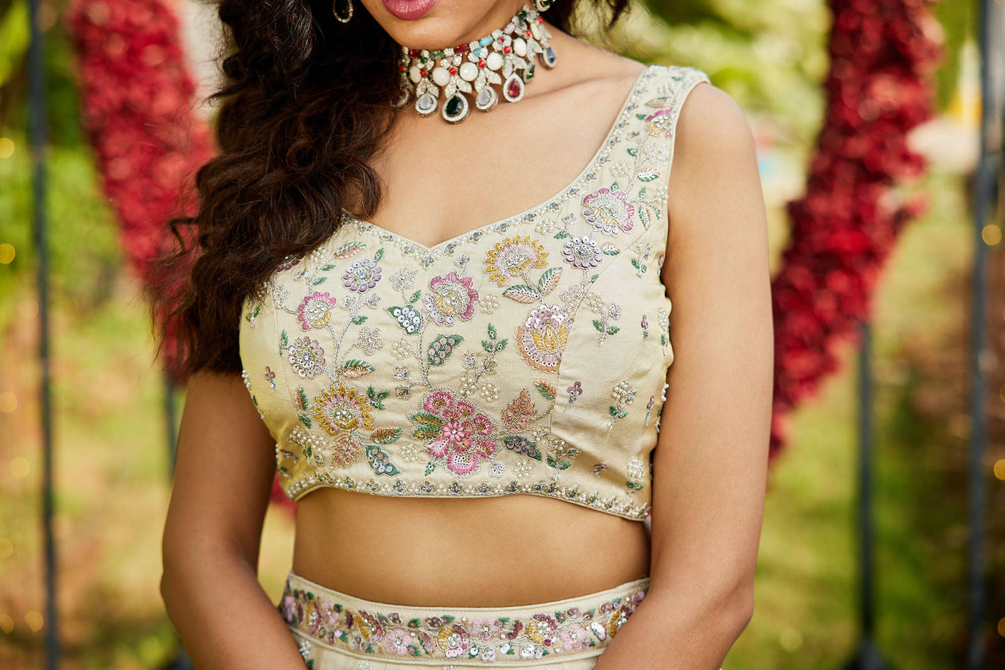 Green colour tissue Fabric with Sequins & Thread embroidery Lehenga choli & Dupatta