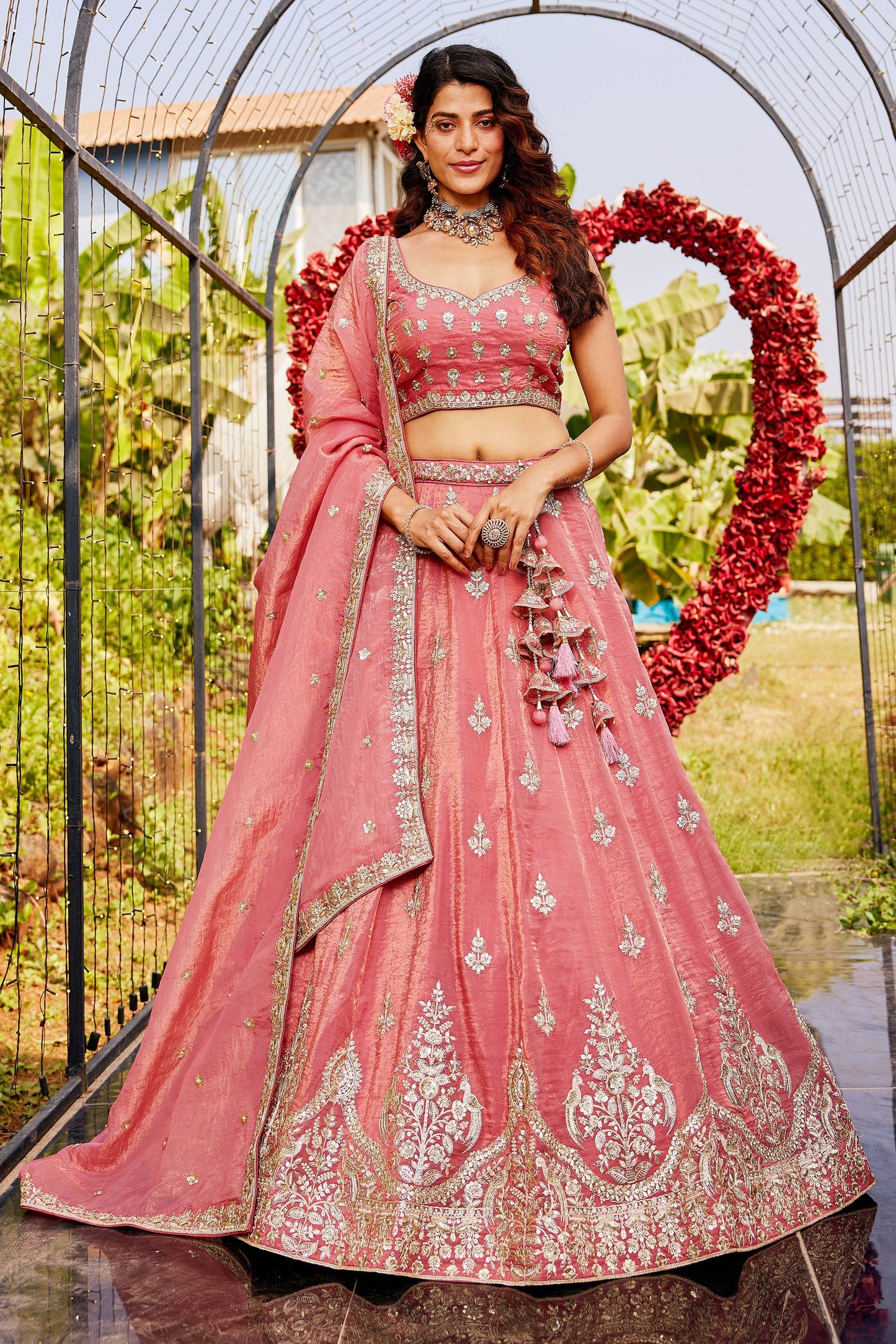 Pink colour Orange with Sequinse & Moti embroidery Lehenga choli & Dupatta