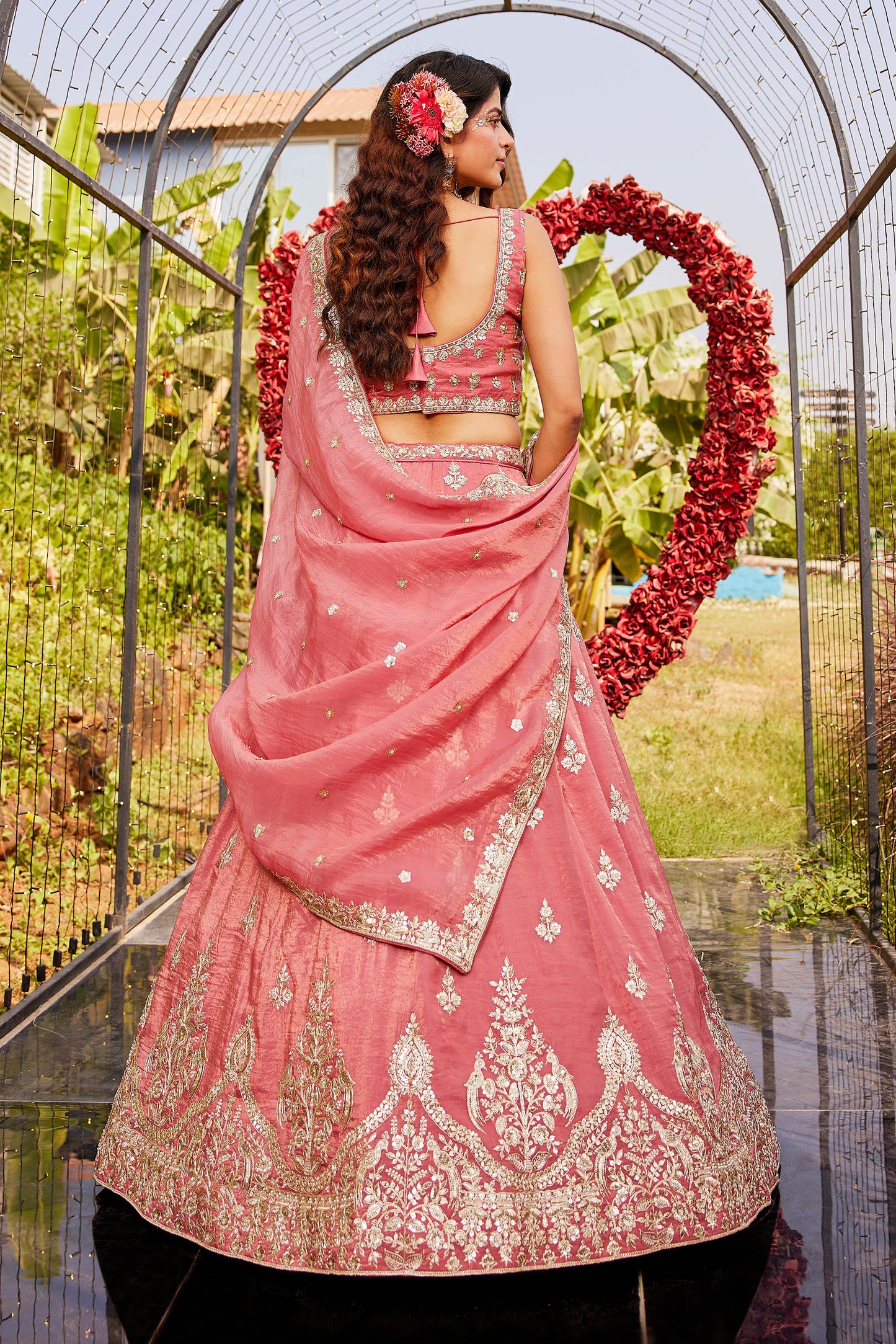 Pink colour Orange with Sequinse & Moti embroidery Lehenga choli & Dupatta