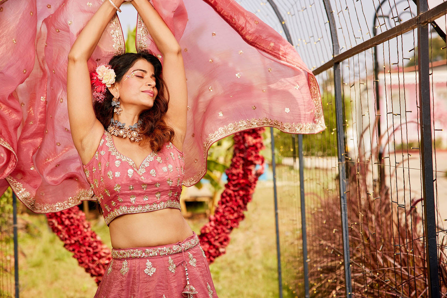 Pink colour Orange with Sequinse & Moti embroidery Lehenga choli & Dupatta