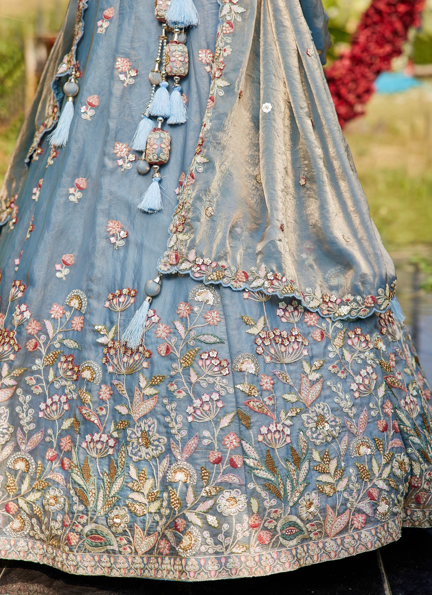 Blue colour Tissue Fabric with Sequinse & Thread embroidery Lehenga choli & Dupatta