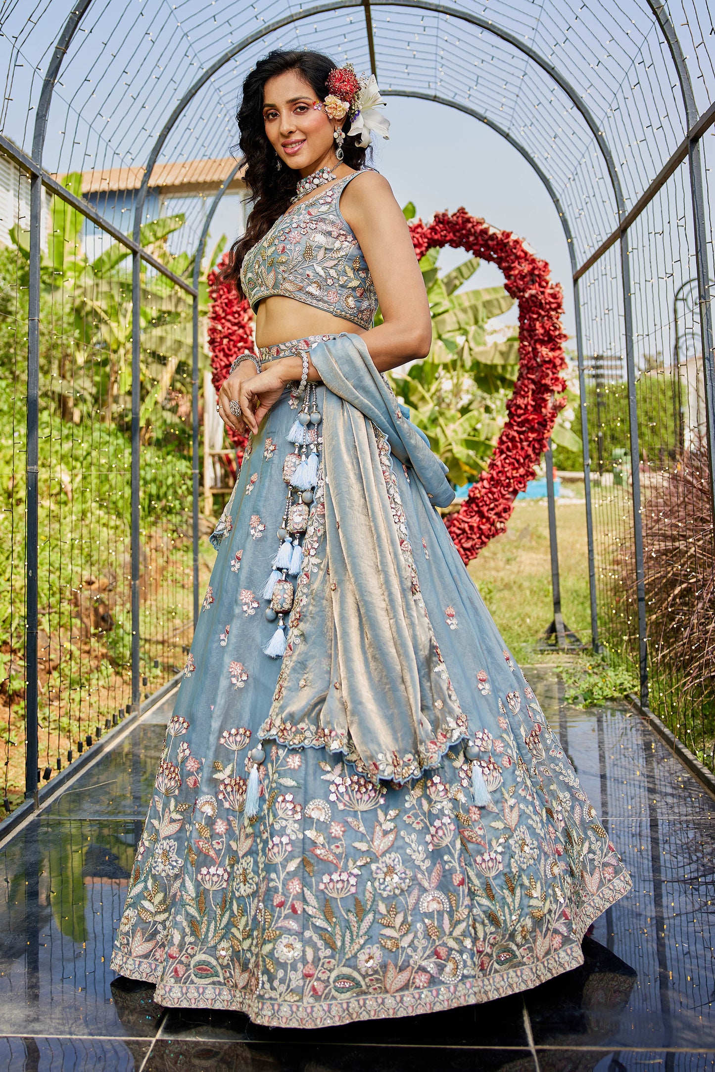 Blue colour Tissue Fabric with Sequinse & Thread embroidery Lehenga choli & Dupatta