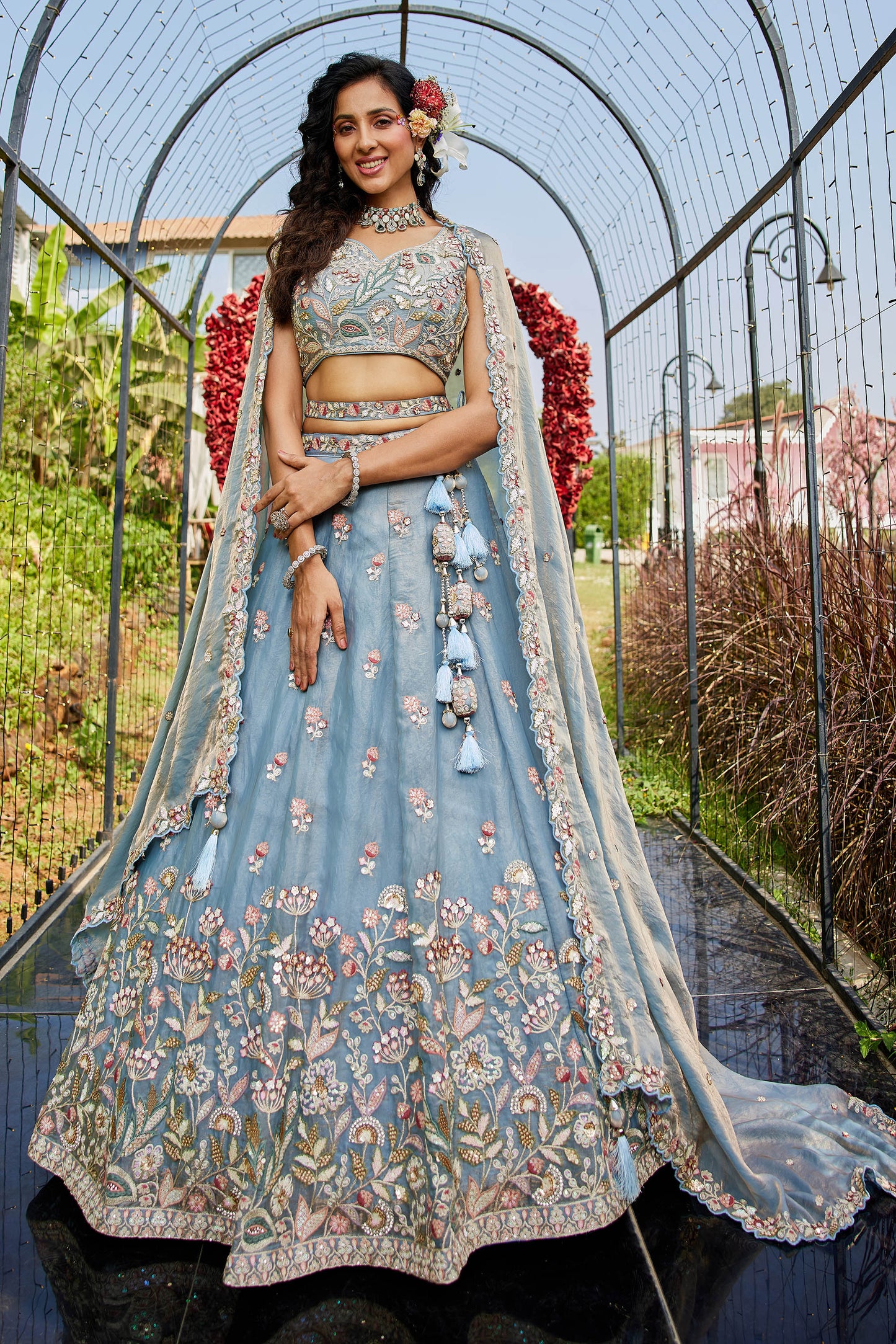 Blue colour Tissue Fabric with Sequinse & Thread embroidery Lehenga choli & Dupatta