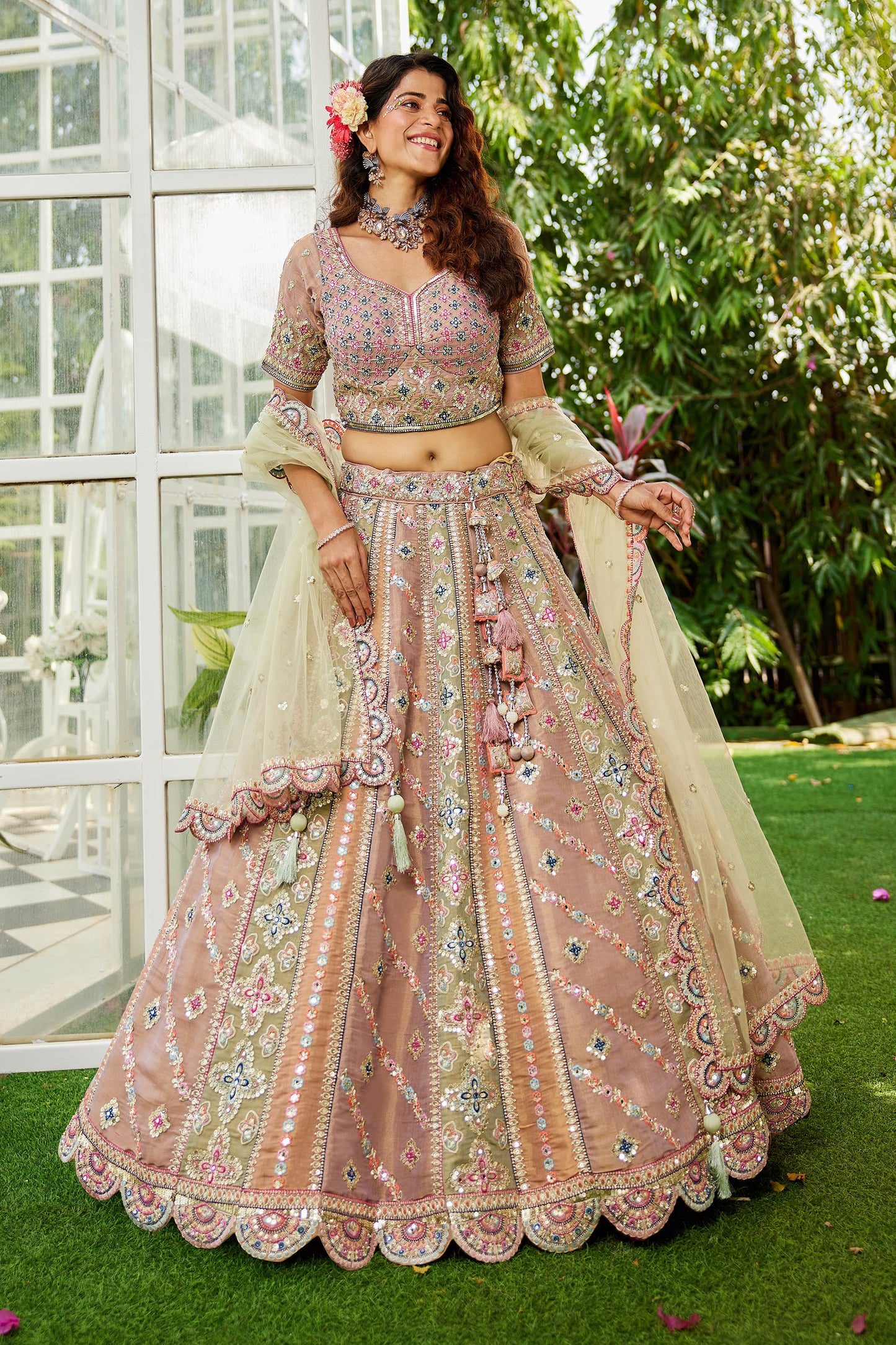 Lime Green Bridal net and Gotapatti & Moti embroidery Lehenga choli & Dupatta