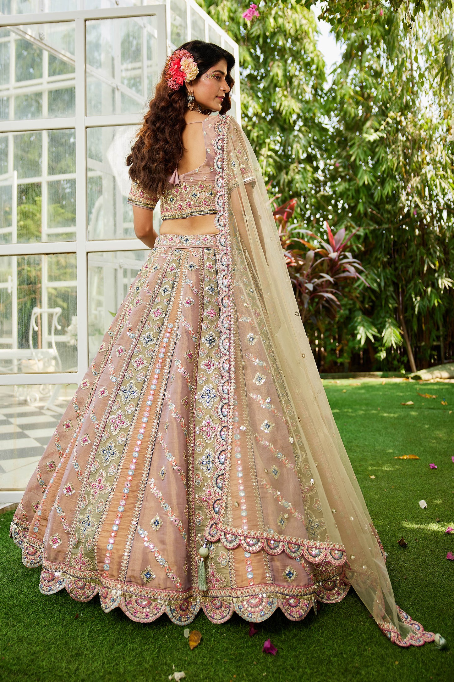 Lime Green Bridal net and Gotapatti & Moti embroidery Lehenga choli & Dupatta