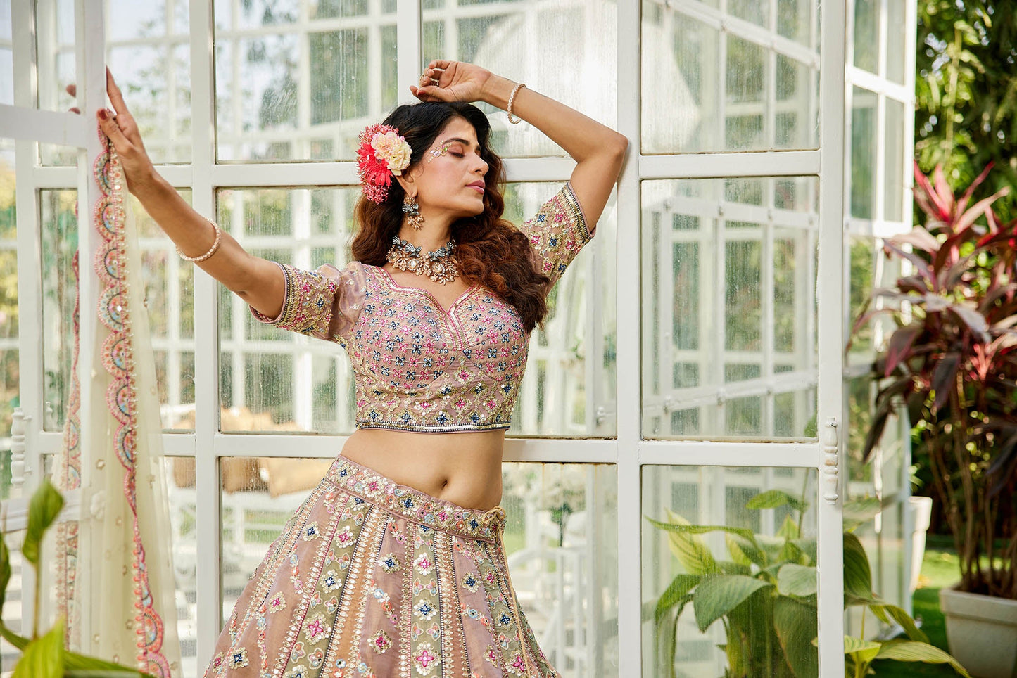 Lime Green Bridal net and Gotapatti & Moti embroidery Lehenga choli & Dupatta