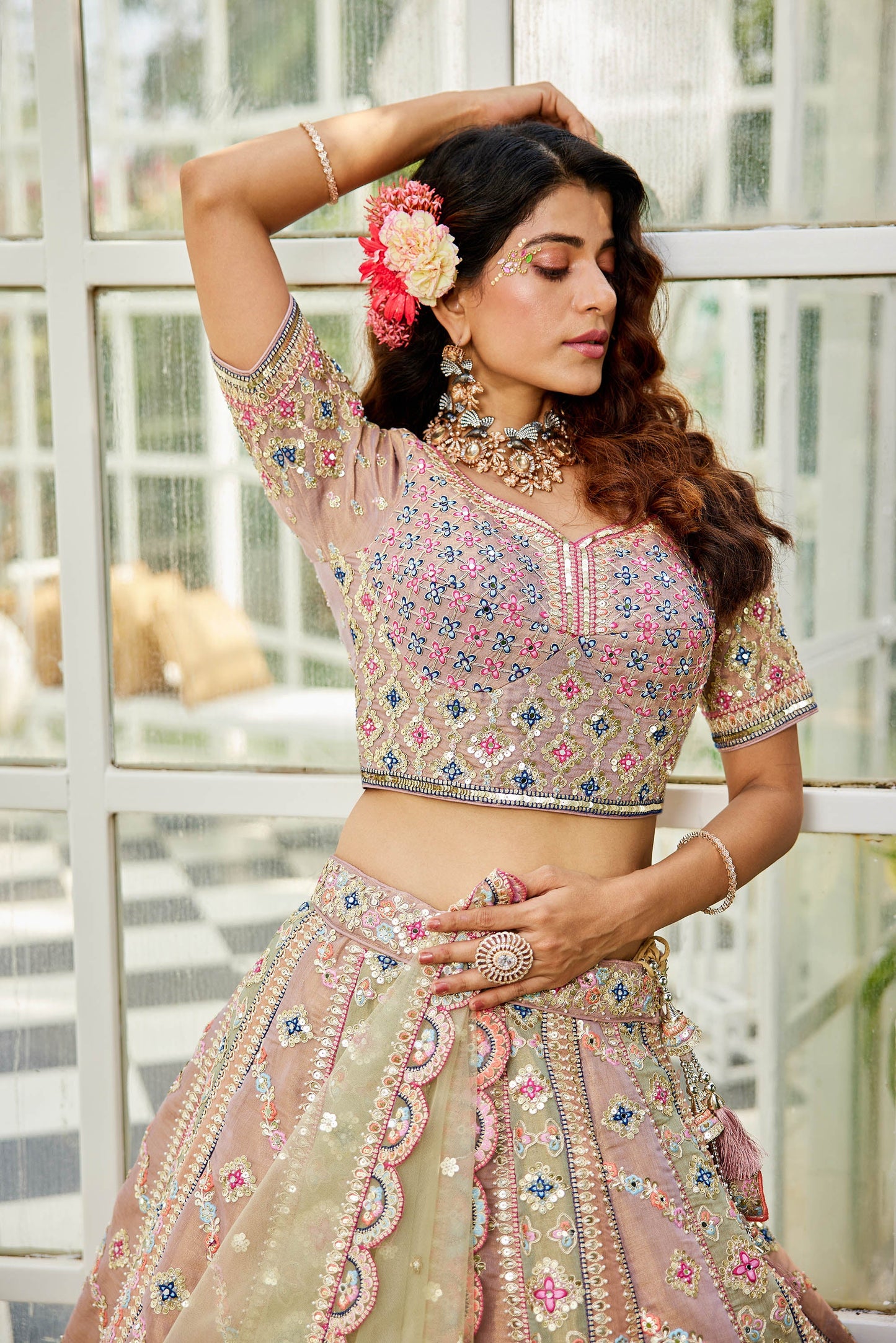 Lime Green Bridal net and Gotapatti & Moti embroidery Lehenga choli & Dupatta