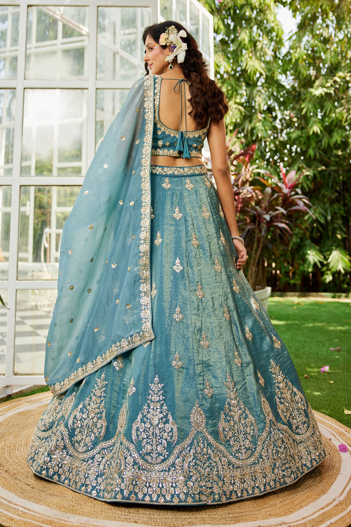 Green colour Orange with Sequinse & Moti embroidery Lehenga choli & Dupatta
