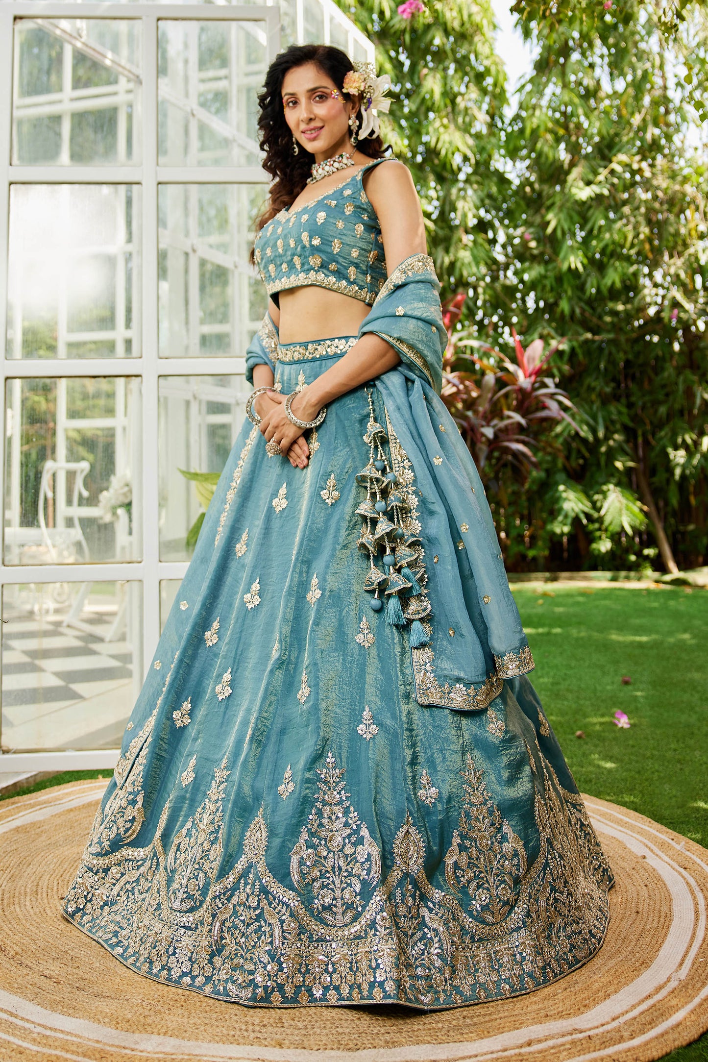 Green colour Orange with Sequinse & Moti embroidery Lehenga choli & Dupatta