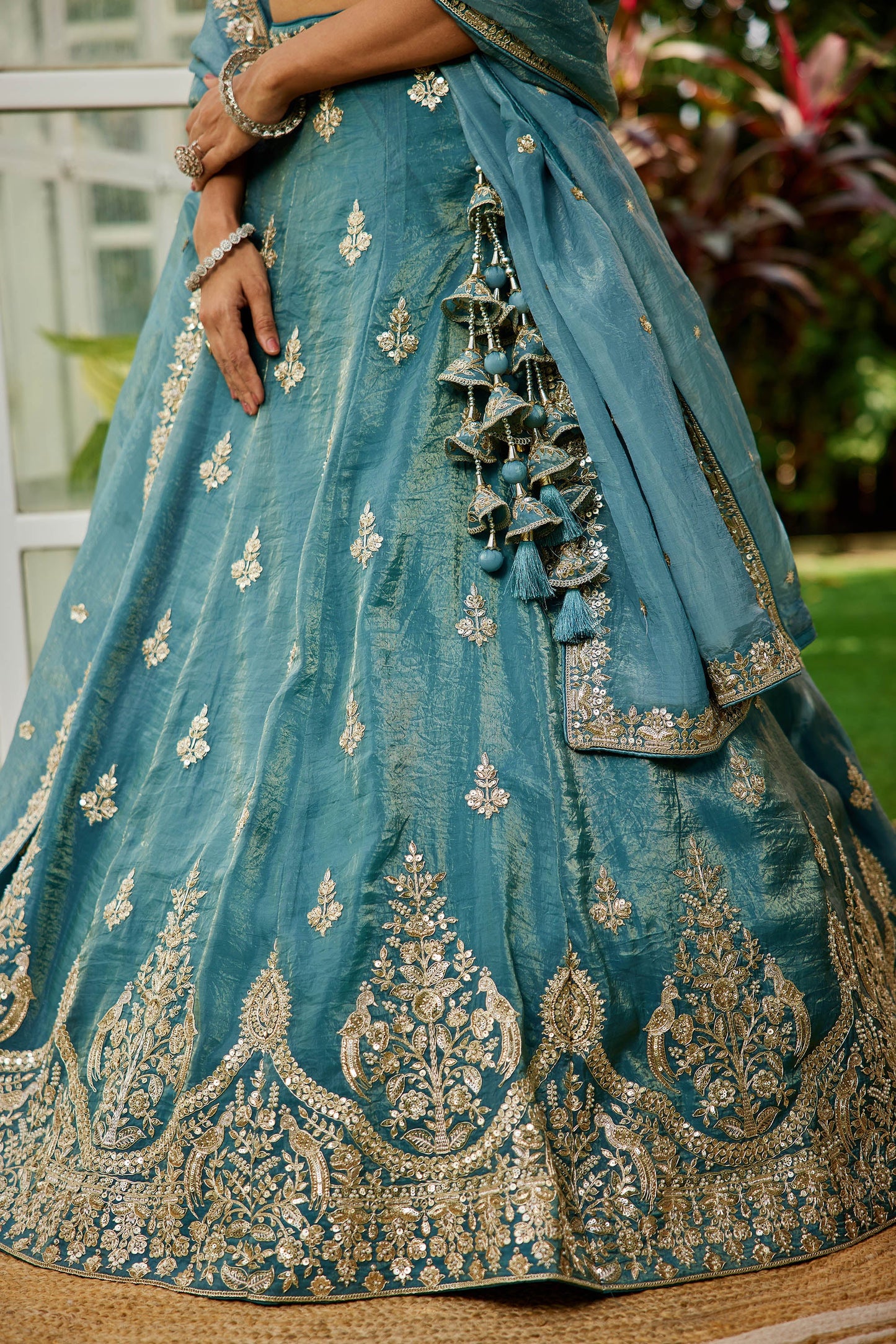 Green colour Orange with Sequinse & Moti embroidery Lehenga choli & Dupatta