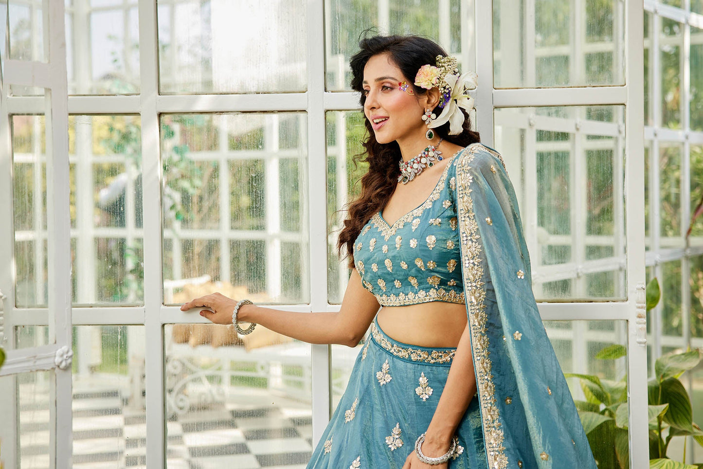 Green colour Orange with Sequinse & Moti embroidery Lehenga choli & Dupatta