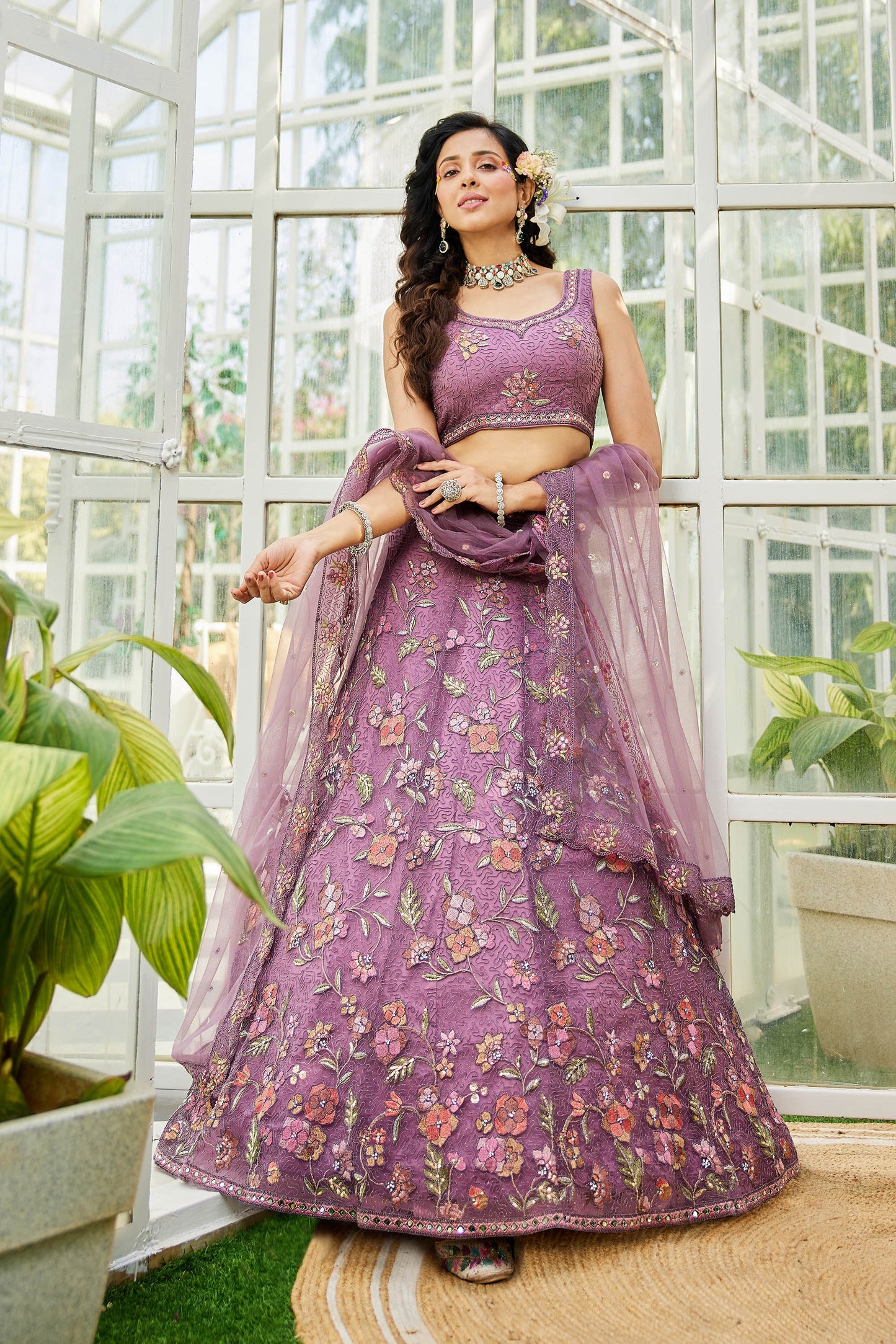 Lavender net with Coding & Zarkan embroidery Lehenga choli & Dupatta