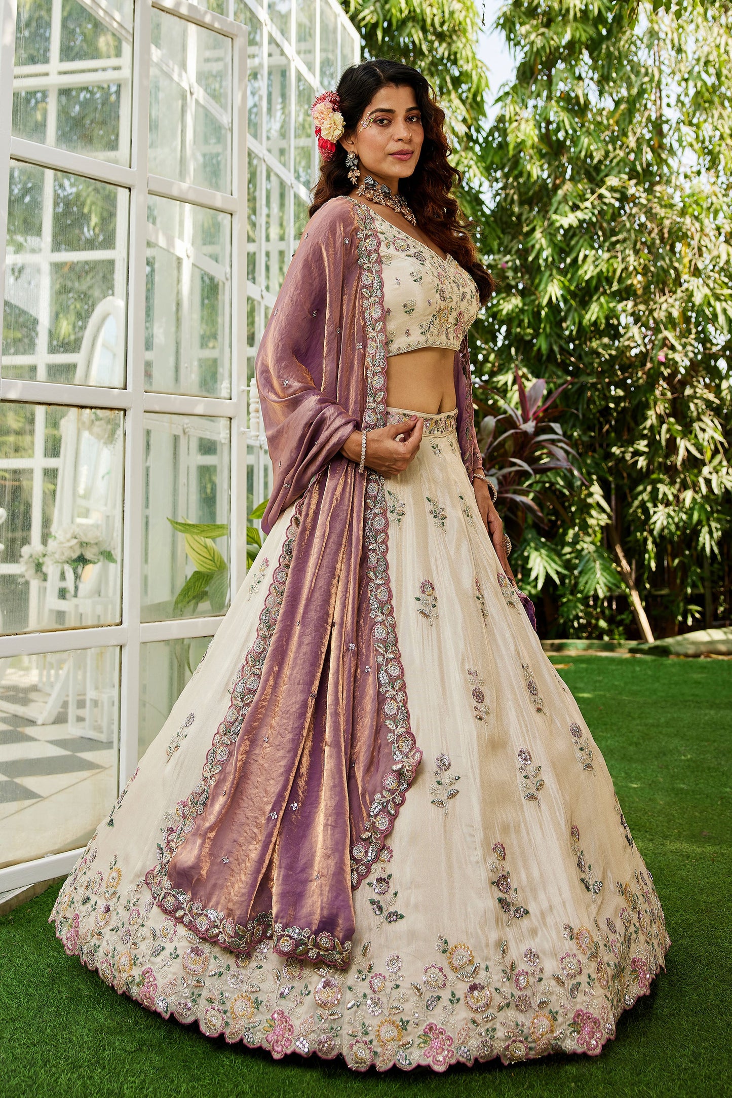 Purple colour tissue Fabric with Sequins & Thread embroidery Lehenga choli & Dupatta