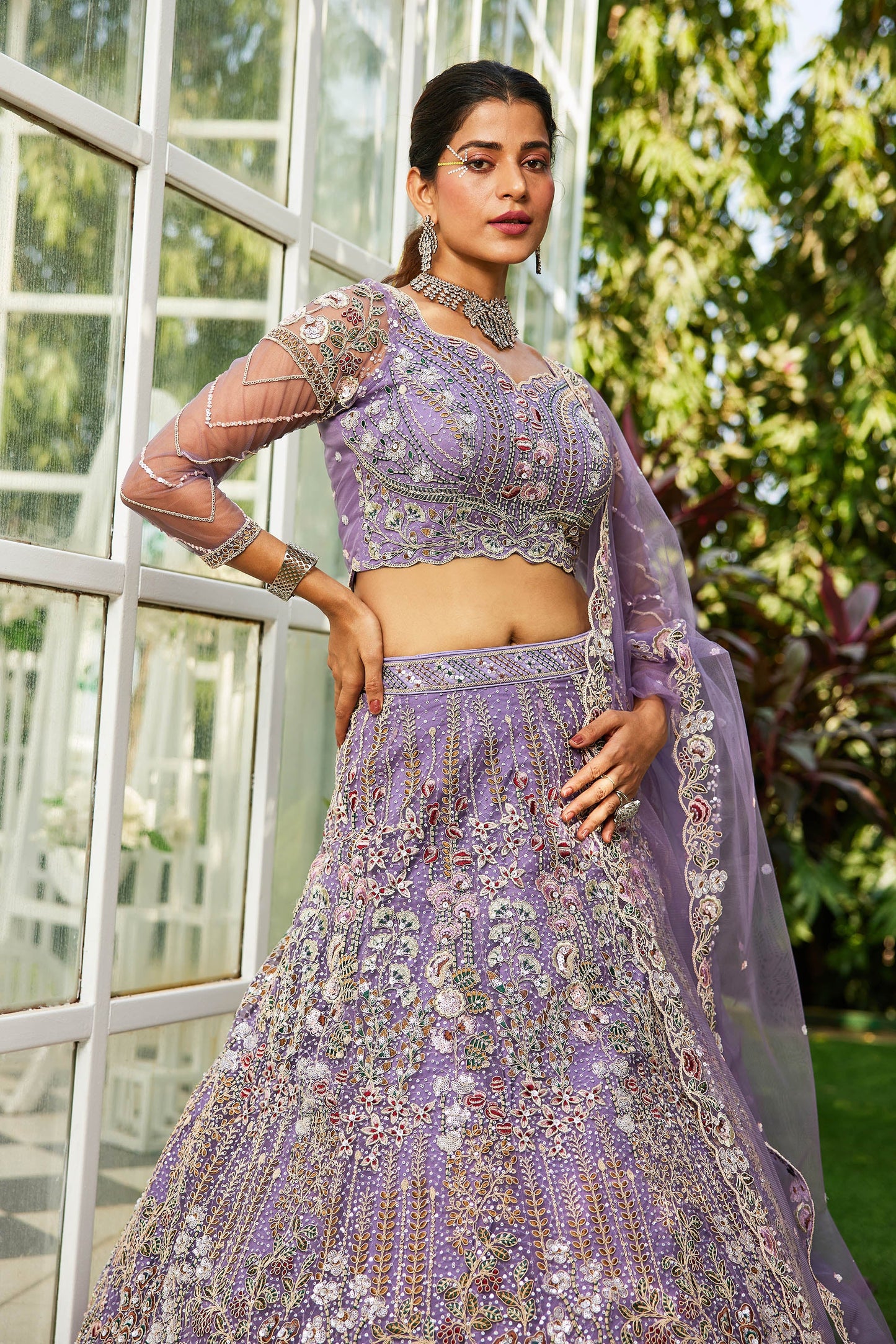 Mauve net and Coding & Zarkan embroidery Lehenga choli & Dupatta