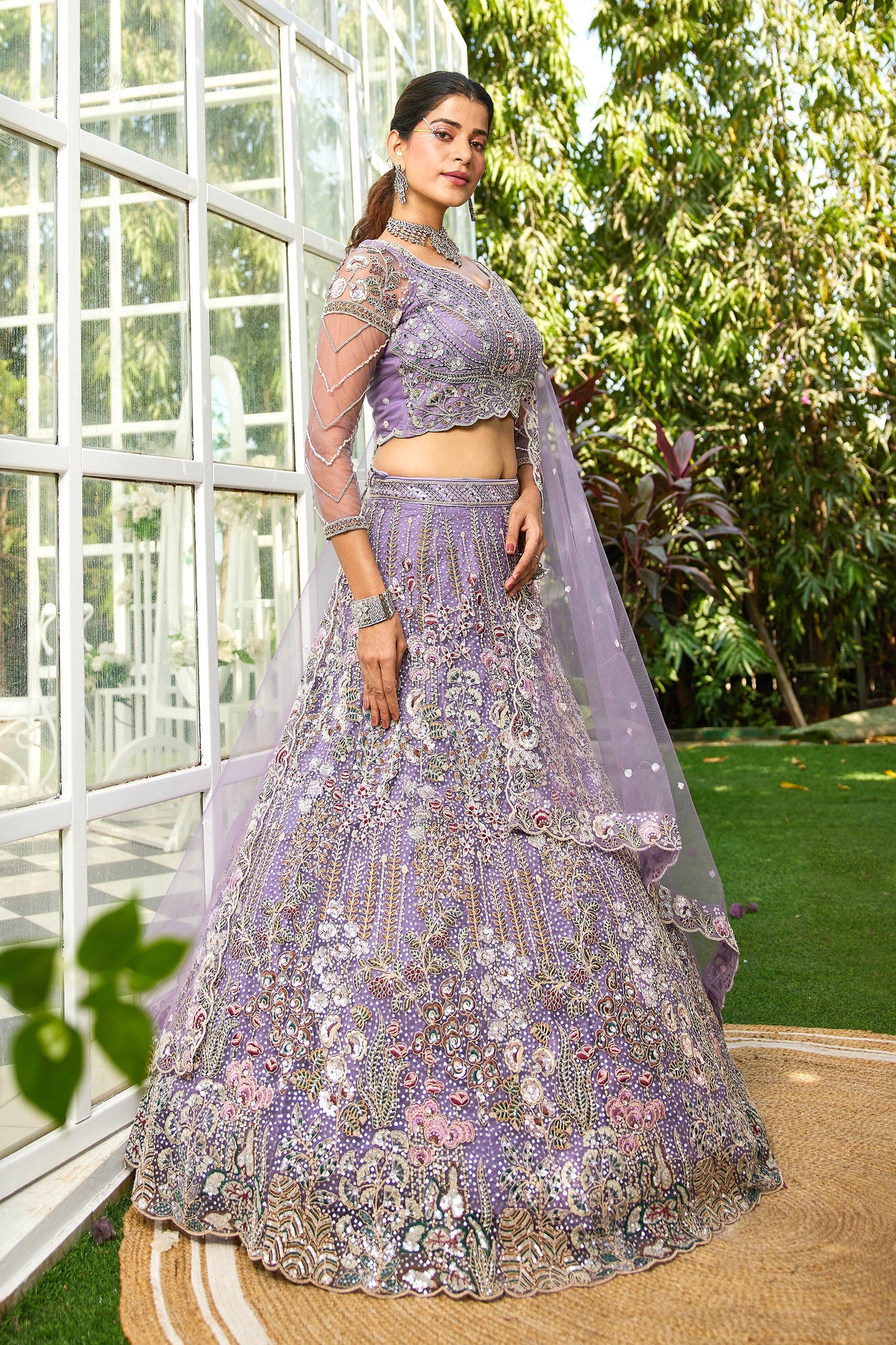 Mauve net and Coding & Zarkan embroidery Lehenga choli & Dupatta