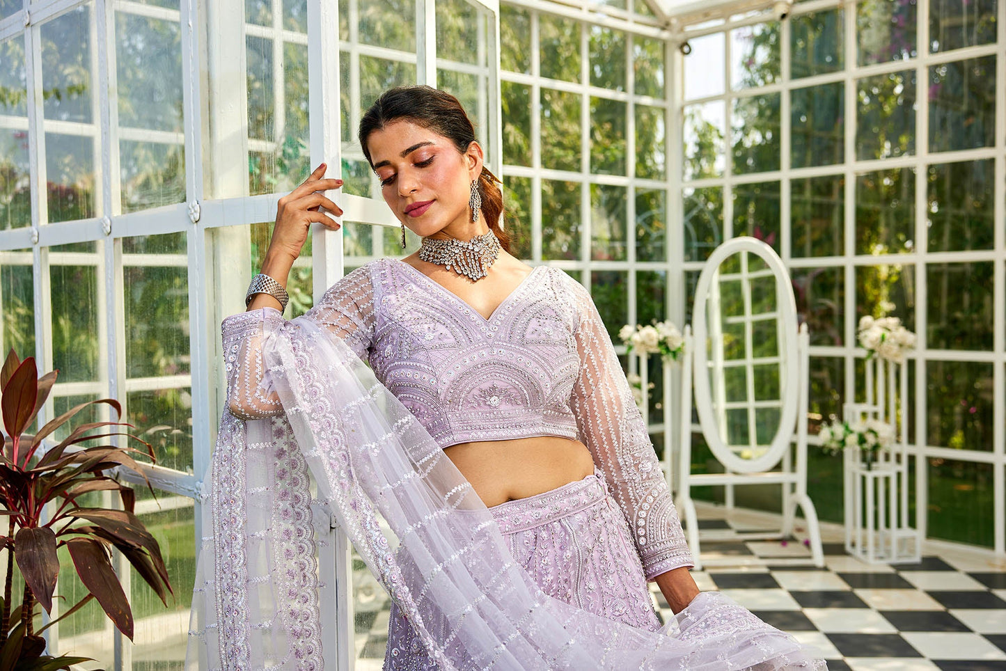 Lavender net with Beads & Zarkan embroidery Lehenga choli & Dupatta