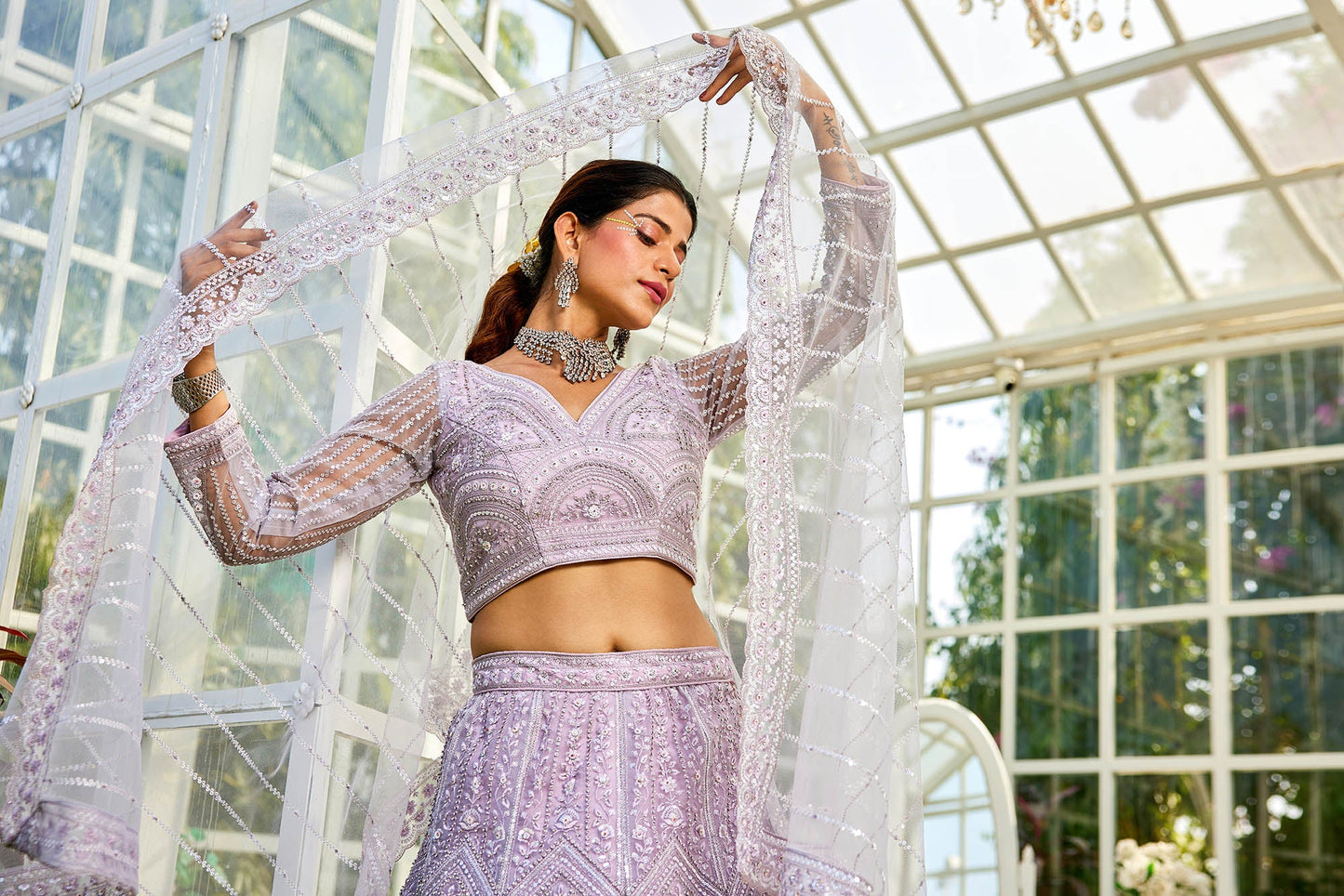 Lavender net with Beads & Zarkan embroidery Lehenga choli & Dupatta