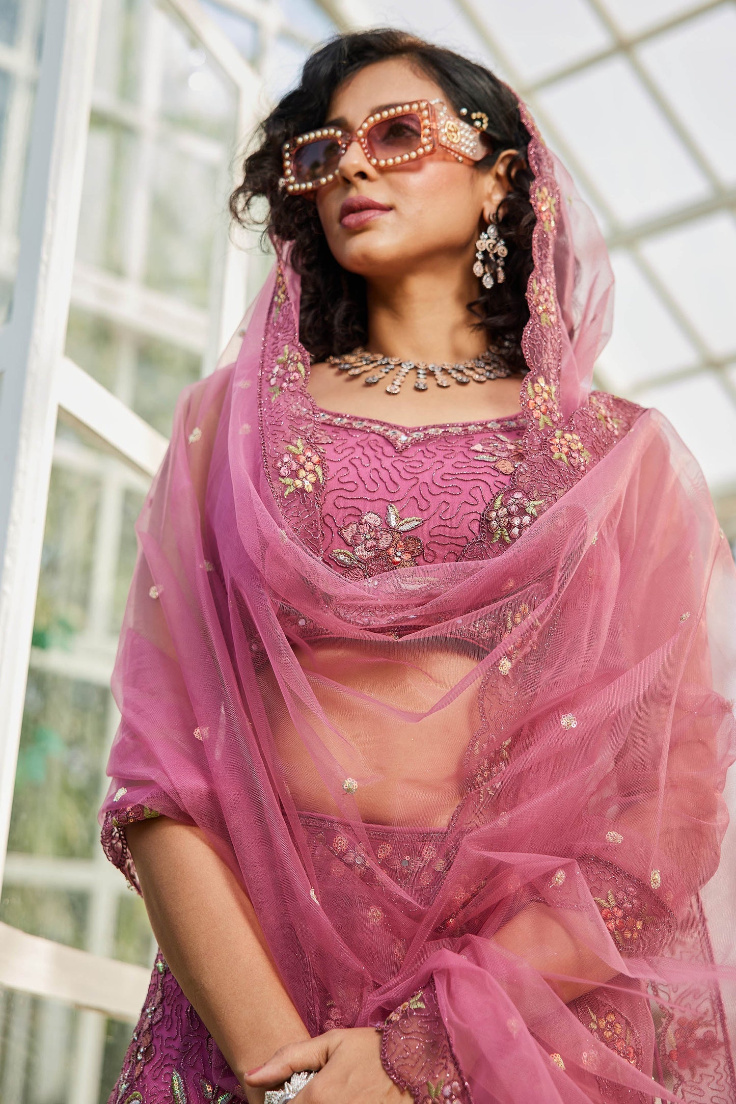 Pink net with Coding & Zarkan embroidery Lehenga choli & Dupatta