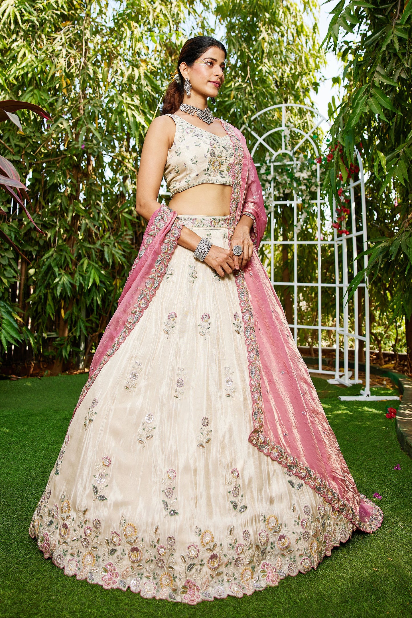 Pink colour tissue Fabric with Sequins & Thread embroidery Lehenga choli & Dupatta