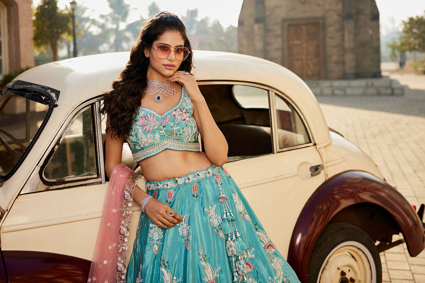 Turquoise blue Satin Silk Sequins embroidery Lehenga choli & Dupatta