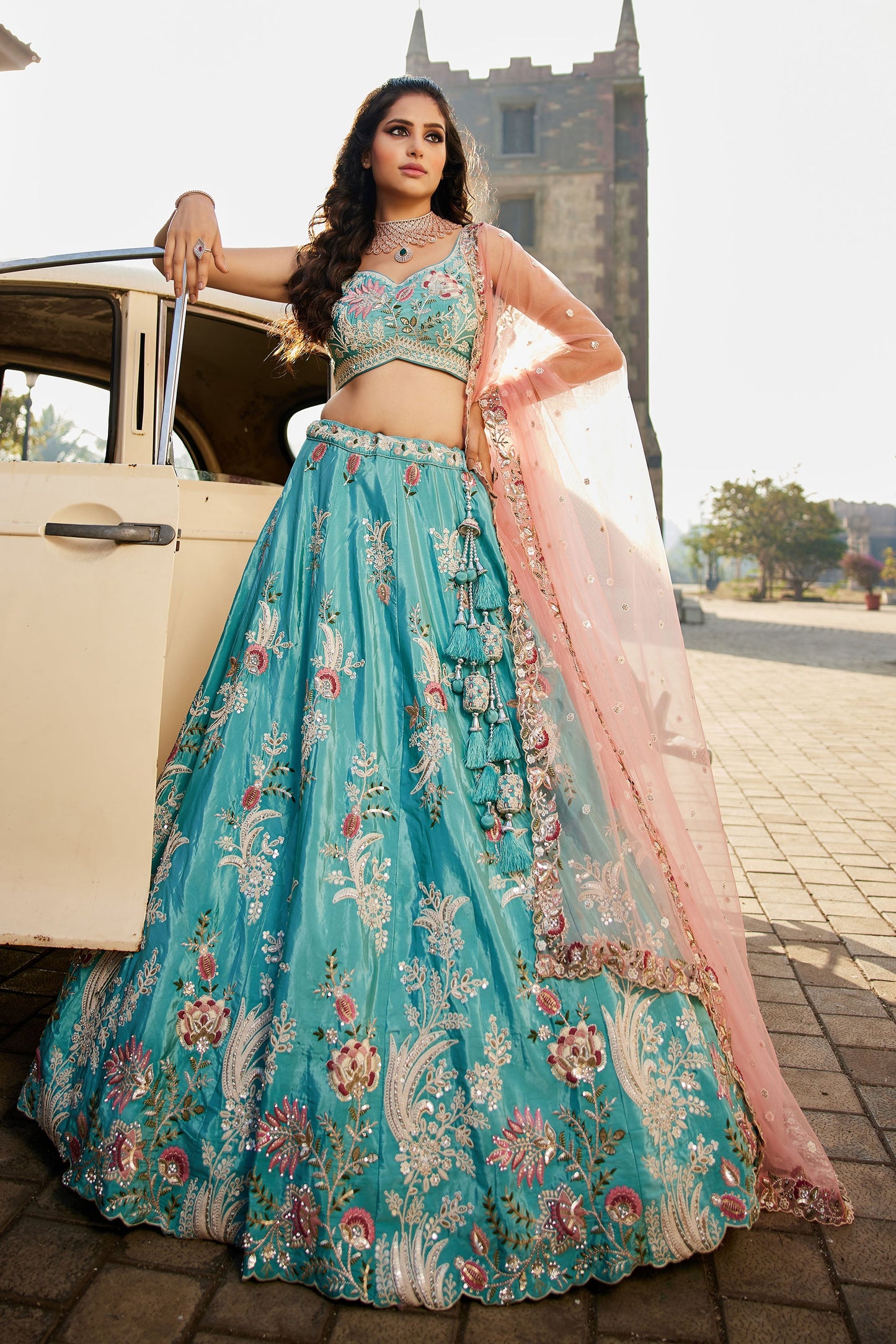 Turquoise blue Satin Silk Sequins embroidery Lehenga choli & Dupatta
