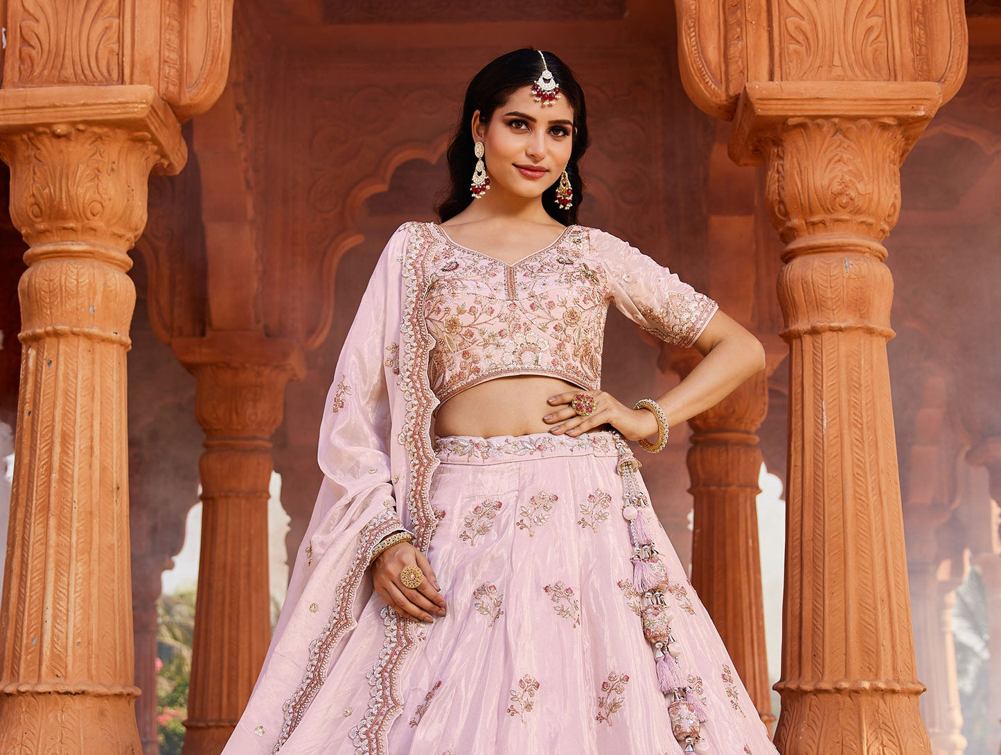 Coral Tissue Sequins embroidery Lehenga choli & Dupatta