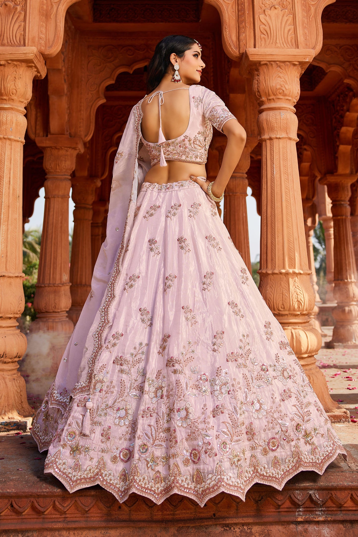 Coral Tissue Sequins embroidery Lehenga choli & Dupatta