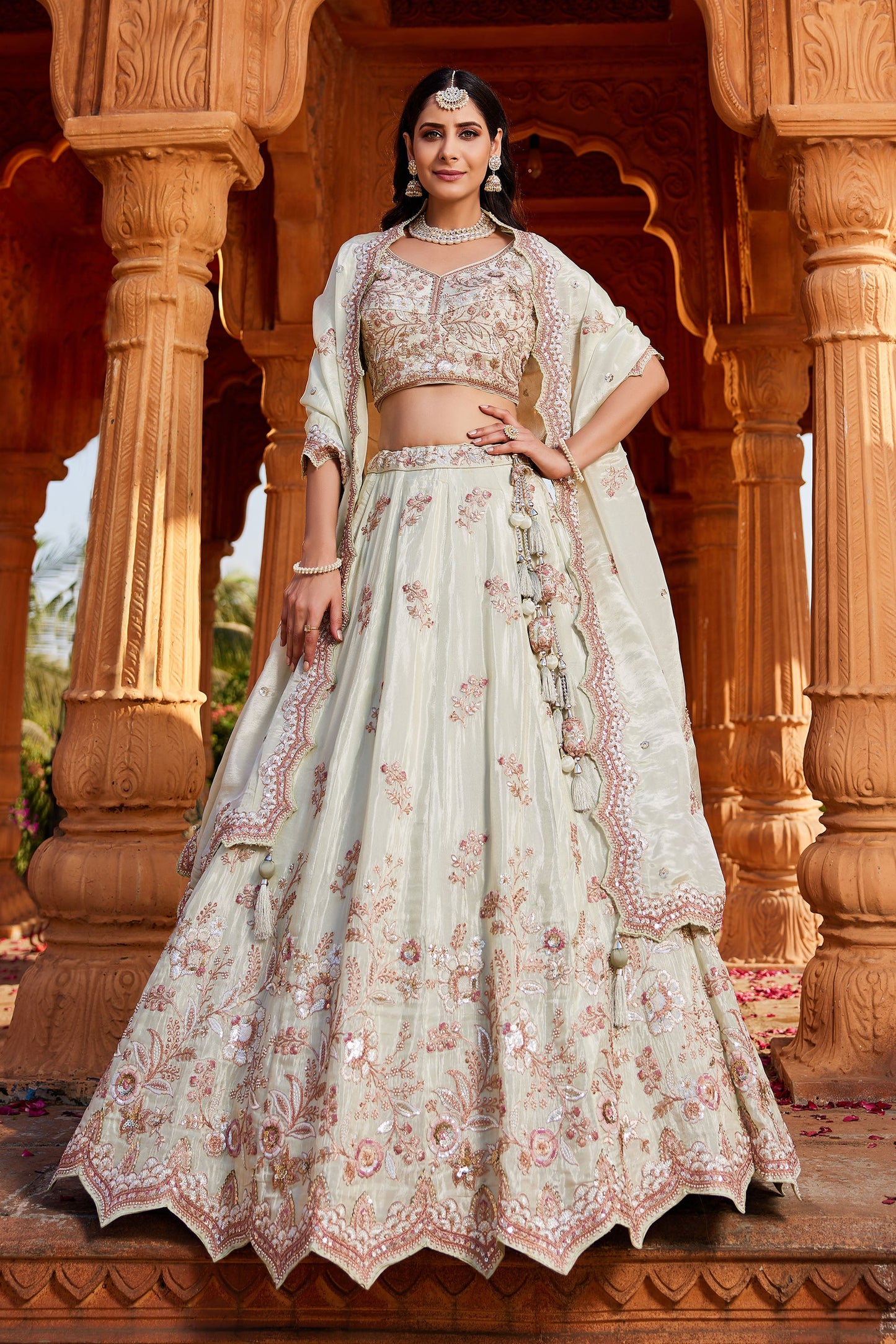 Lime green Tissue Sequins embroidery Lehenga choli & Dupatta