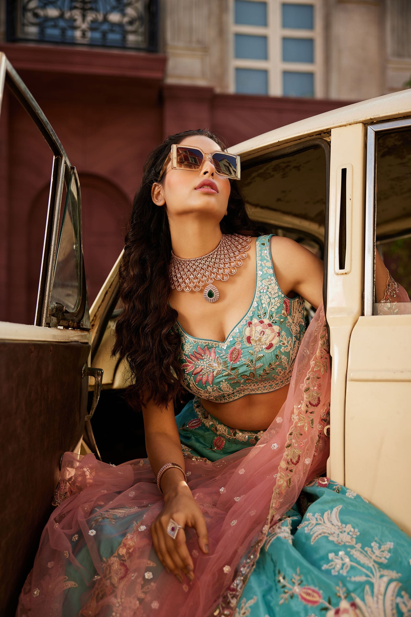 Turquoise blue Satin Silk Sequins embroidery Lehenga choli & Dupatta