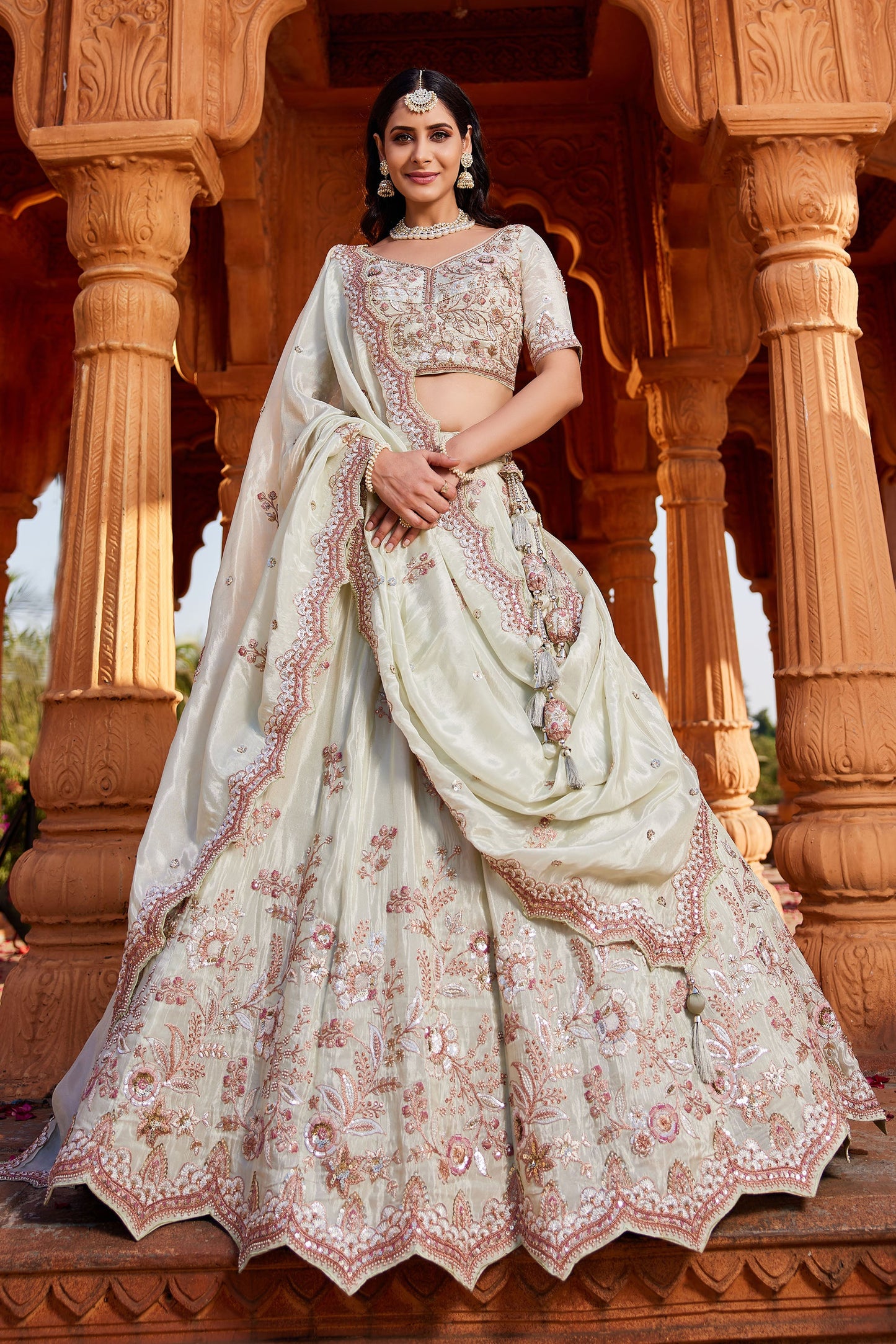 Lime green Tissue Sequins embroidery Lehenga choli & Dupatta